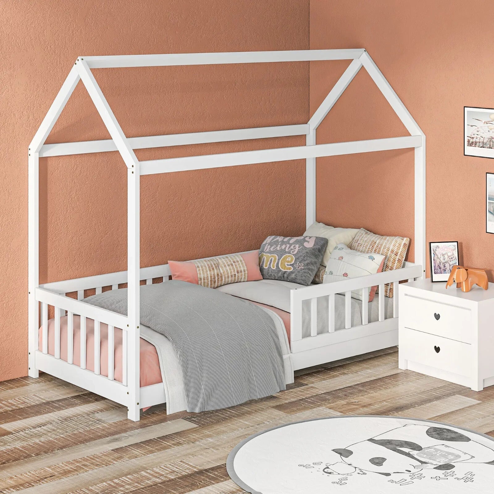 Kids Single Bed Painted Pine Wood House - Shaped Frame for Boys & Girls White - Home and Garden Furniture Shop - rustic - furniture