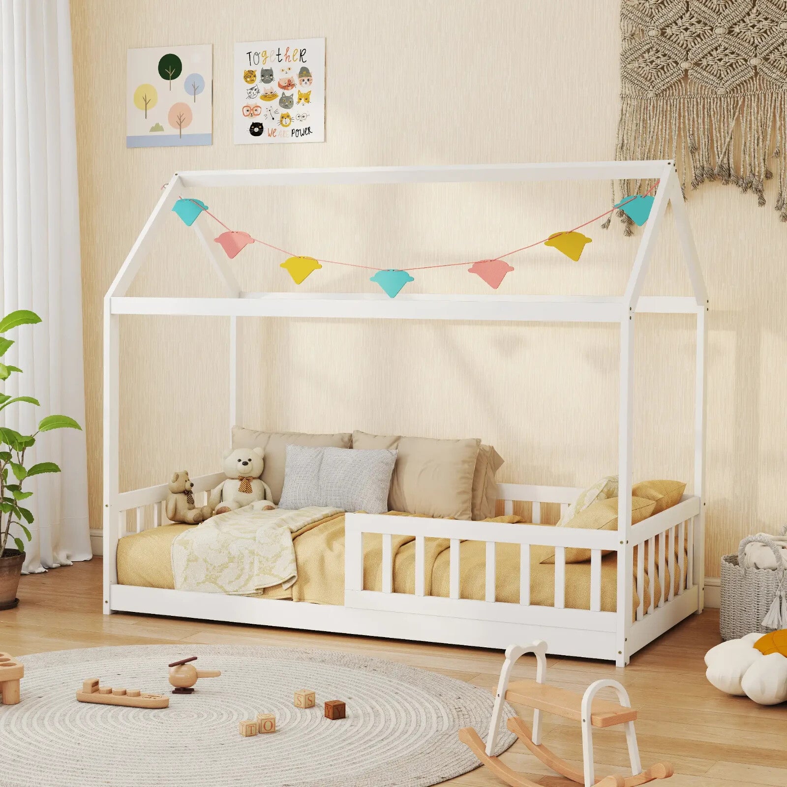 Kids Single Bed Painted Pine Wood House - Shaped Frame for Boys & Girls White - Home and Garden Furniture Shop - rustic - furniture