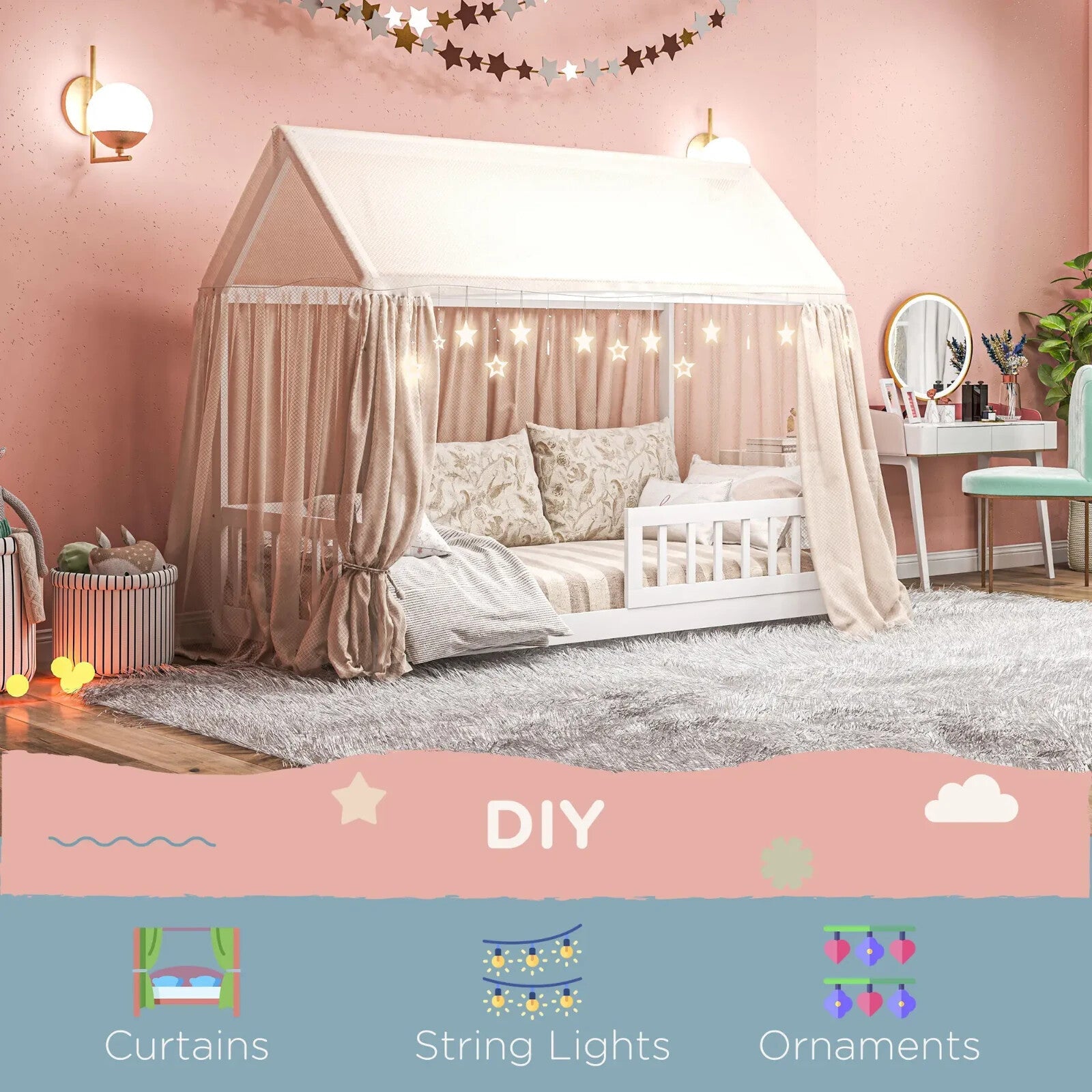 Kids Single Bed Painted Pine Wood House - Shaped Frame for Boys & Girls White - Home and Garden Furniture Shop - rustic - furniture