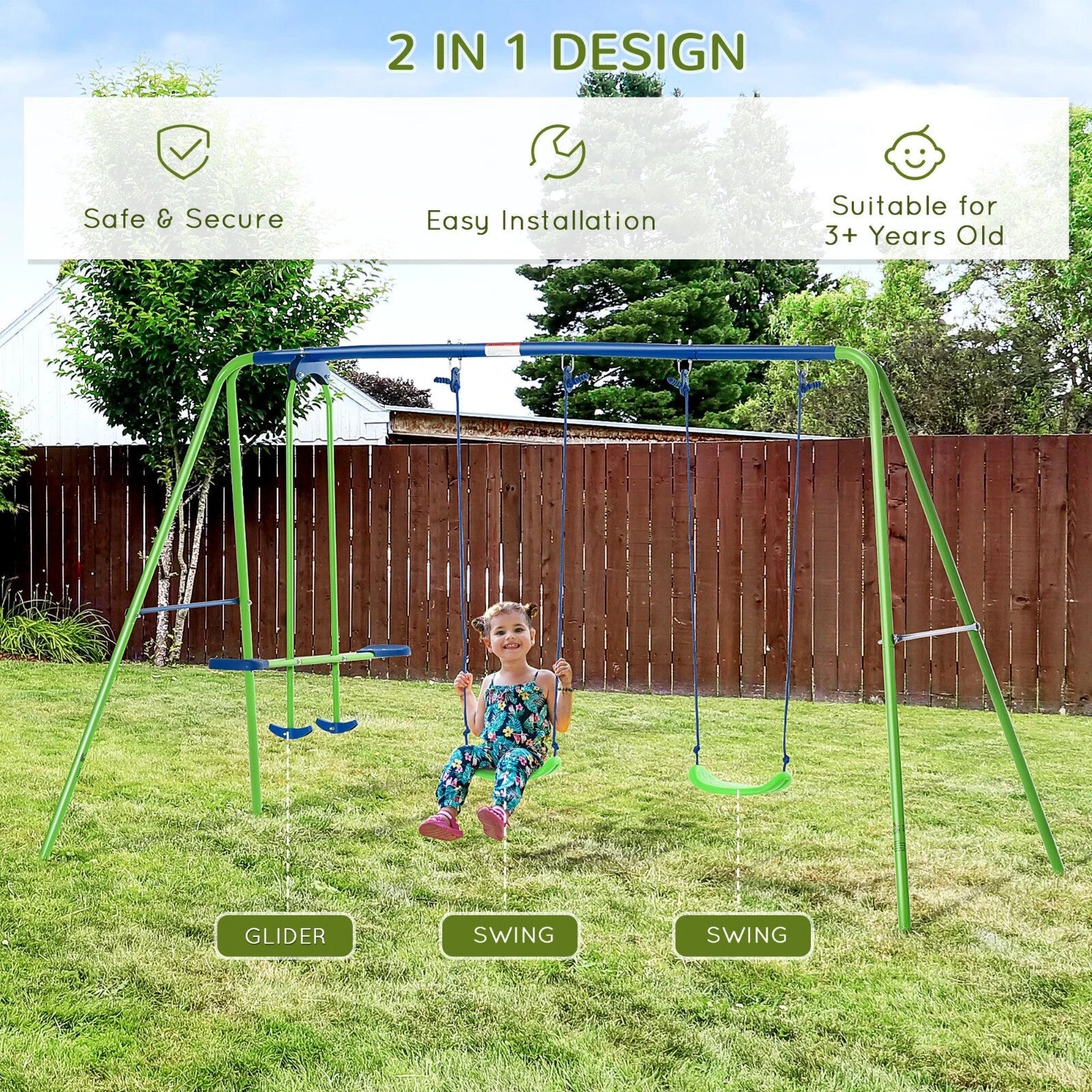 Kids Swing Set A' shaped Legs with 2 - Seat Glider & Height Adjustable Green - Home and Garden Furniture Shop - rustic - furniture