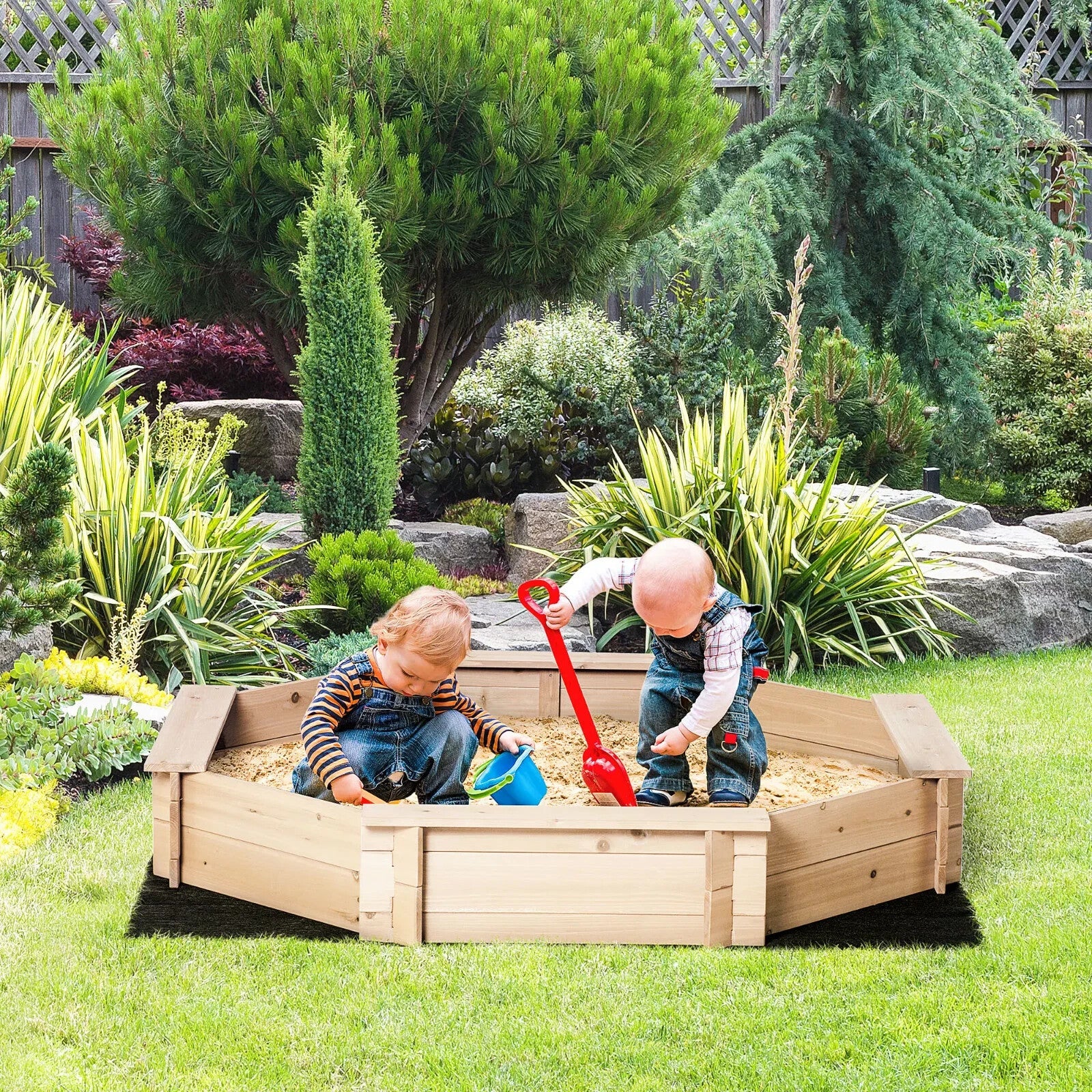 Kids Wooden Octagon Sandbox with Cover and Seats for Garden Play for 3 - 8 years - Home and Garden Furniture Shop - rustic - furniture