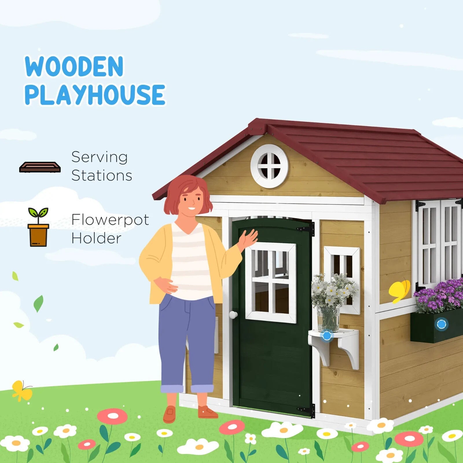 Kids Wooden Playhouse Childrens Wood Wendy House Roof Doors Windows Plant Pots - Home and Garden Furniture Shop - rustic - furniture