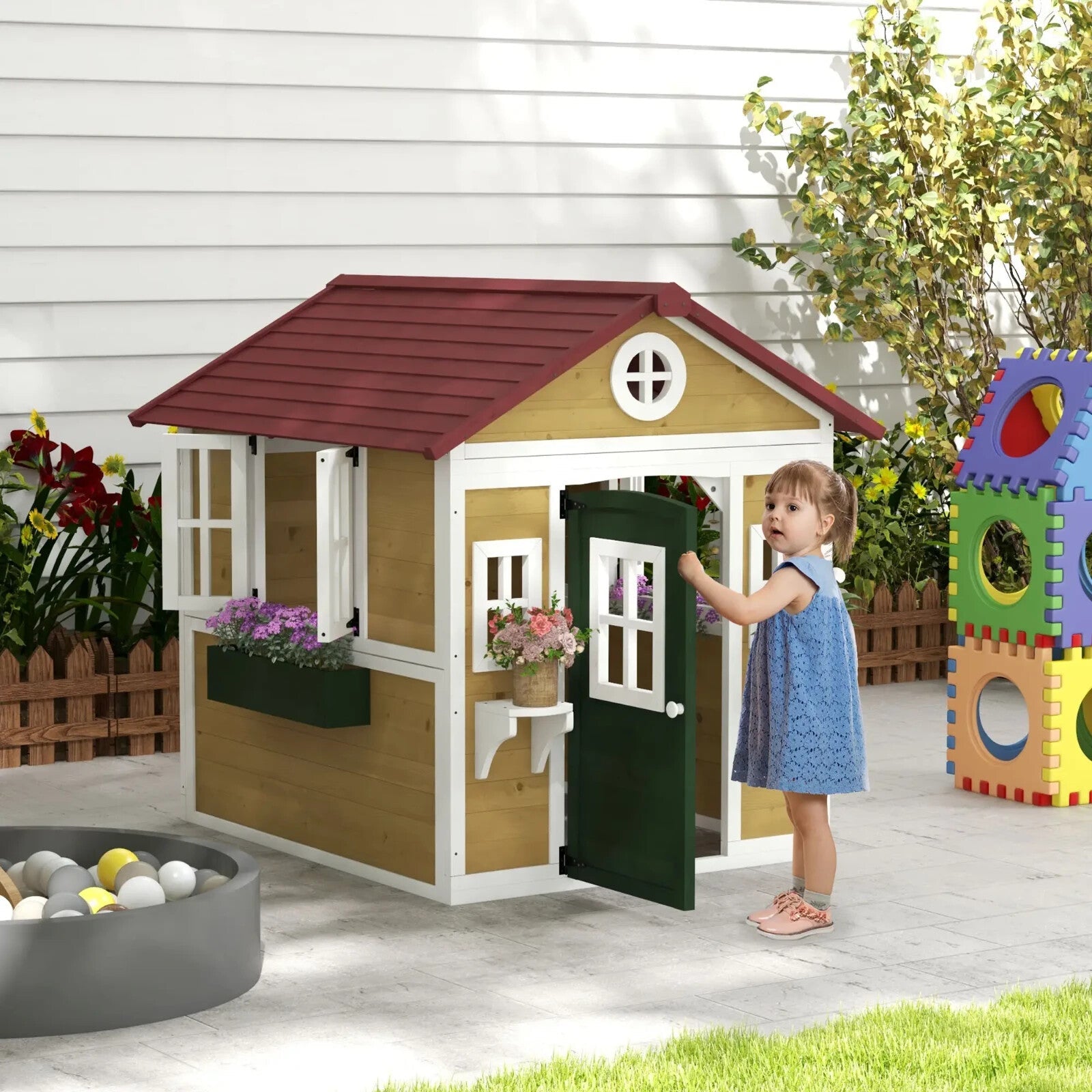 Kids Wooden Playhouse Childrens Wood Wendy House Roof Doors Windows Plant Pots - Home and Garden Furniture Shop - rustic - furniture