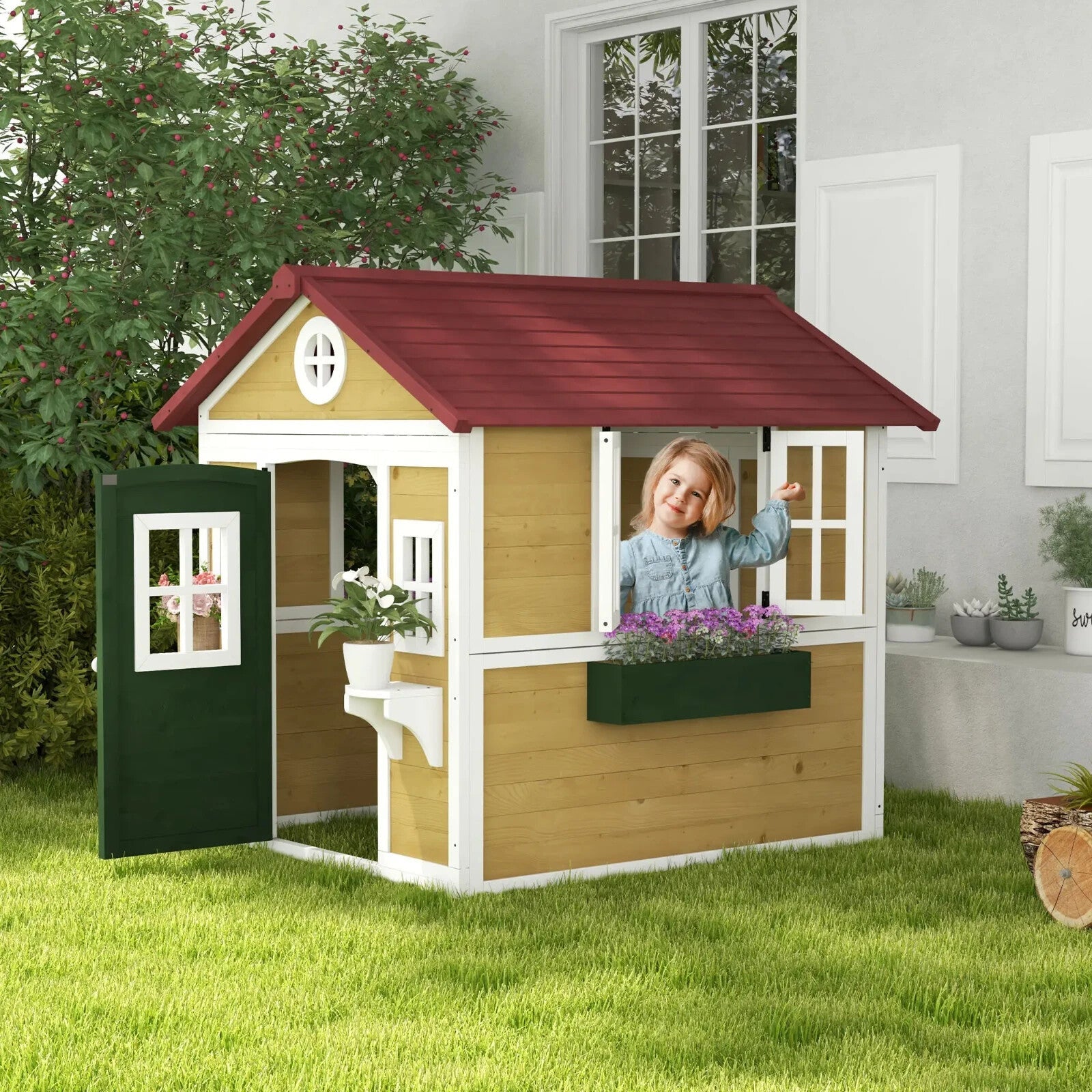 Kids Wooden Playhouse Childrens Wood Wendy House Roof Doors Windows Plant Pots - Home and Garden Furniture Shop - rustic - furniture