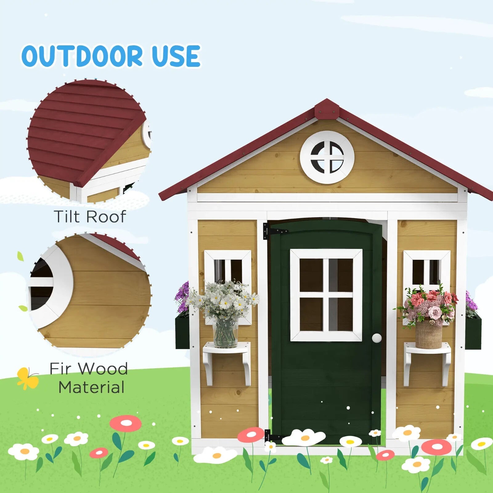 Kids Wooden Playhouse Childrens Wood Wendy House Roof Doors Windows Plant Pots - Home and Garden Furniture Shop - rustic - furniture