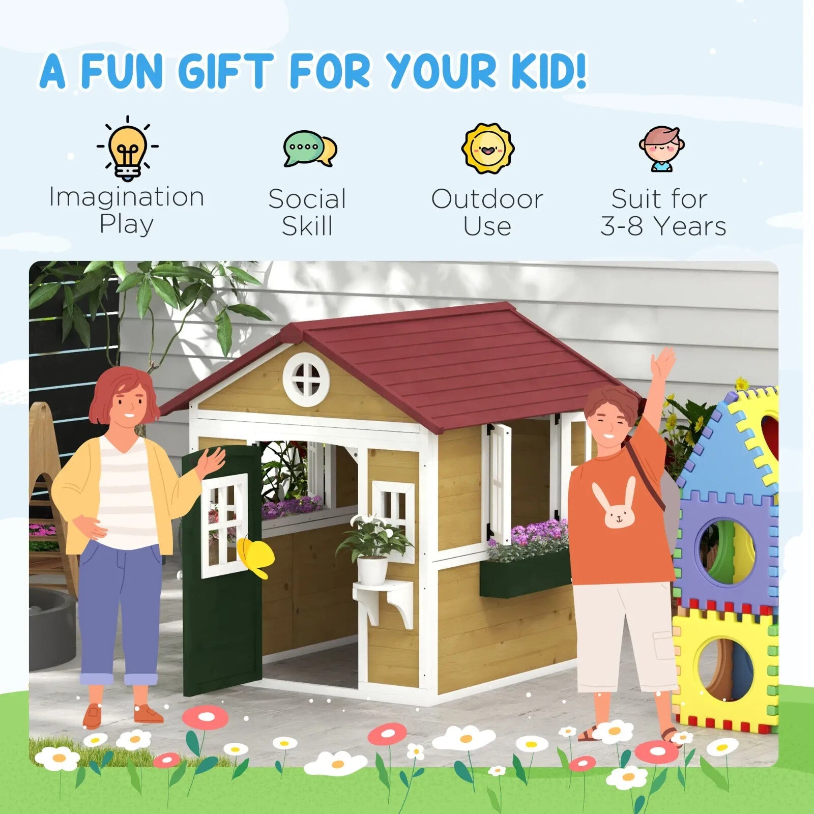 Kids Wooden Playhouse Childrens Wood Wendy House Roof Doors Windows Plant Pots - Home and Garden Furniture Shop - rustic - furniture