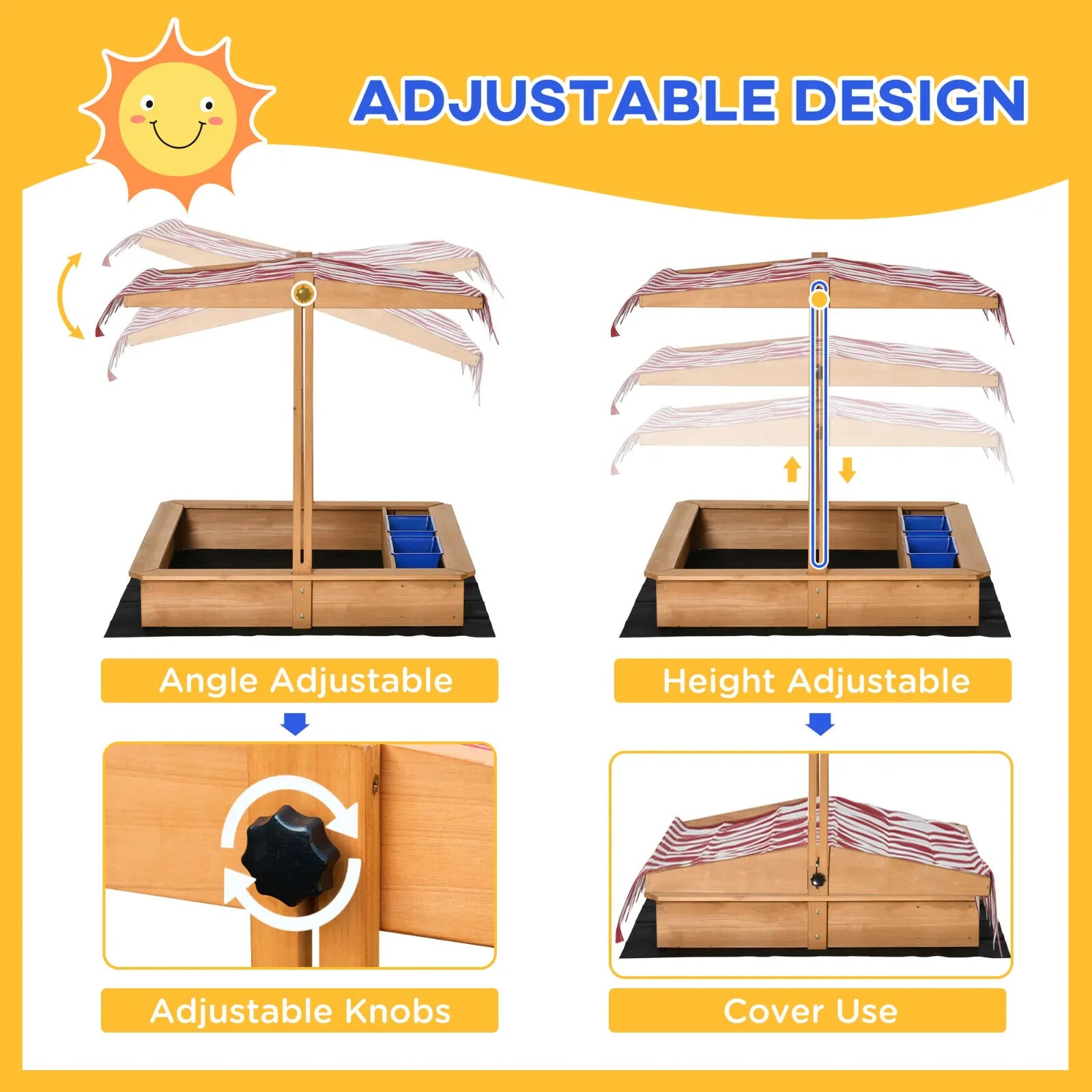 Kids Wooden Sandbox with Adjustable Canopy Storage Bins Bottom Liner Outdoor - Home and Garden Furniture Shop - rustic - furniture