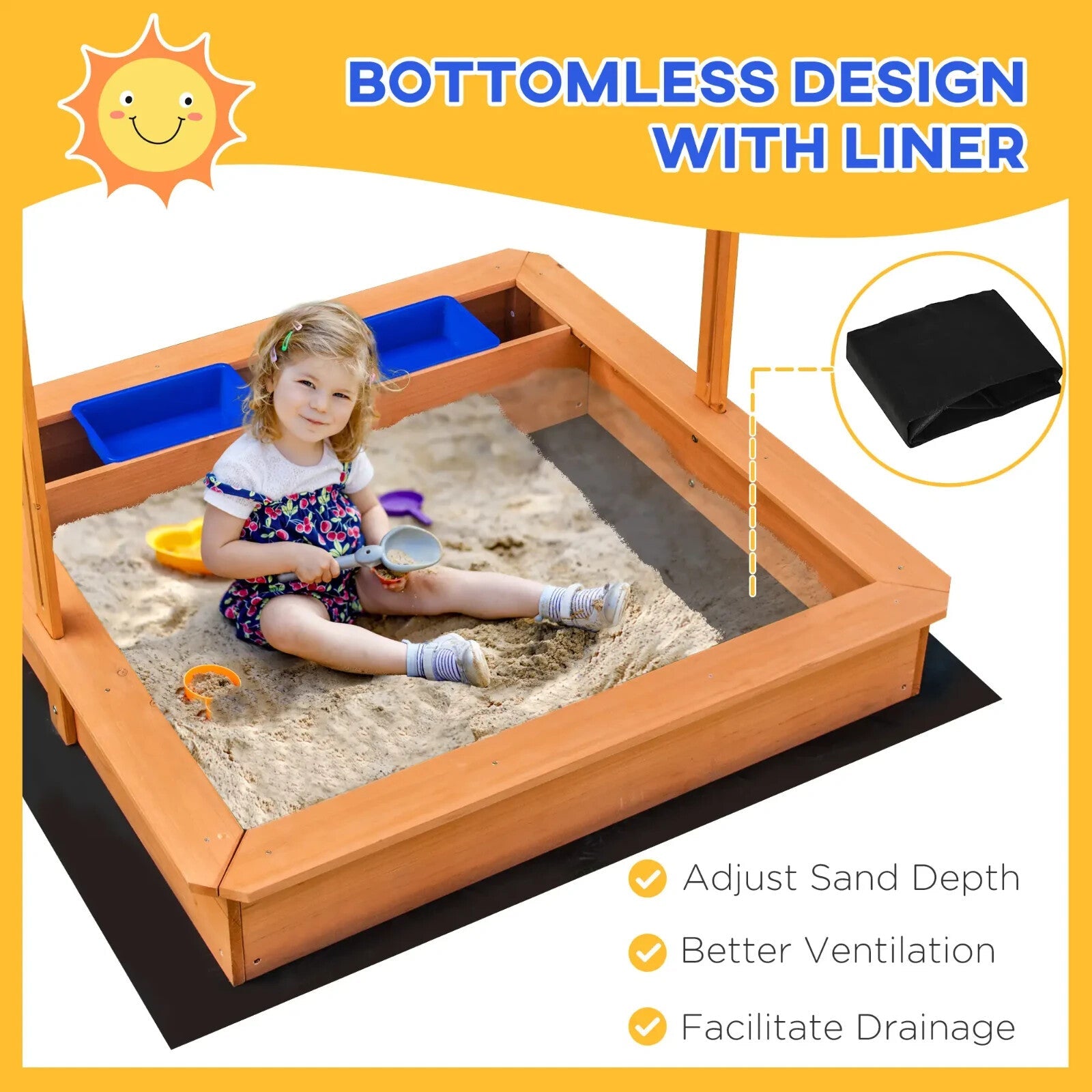 Kids Wooden Sandbox with Adjustable Canopy Storage Bins Bottom Liner Outdoor - Home and Garden Furniture Shop - rustic - furniture