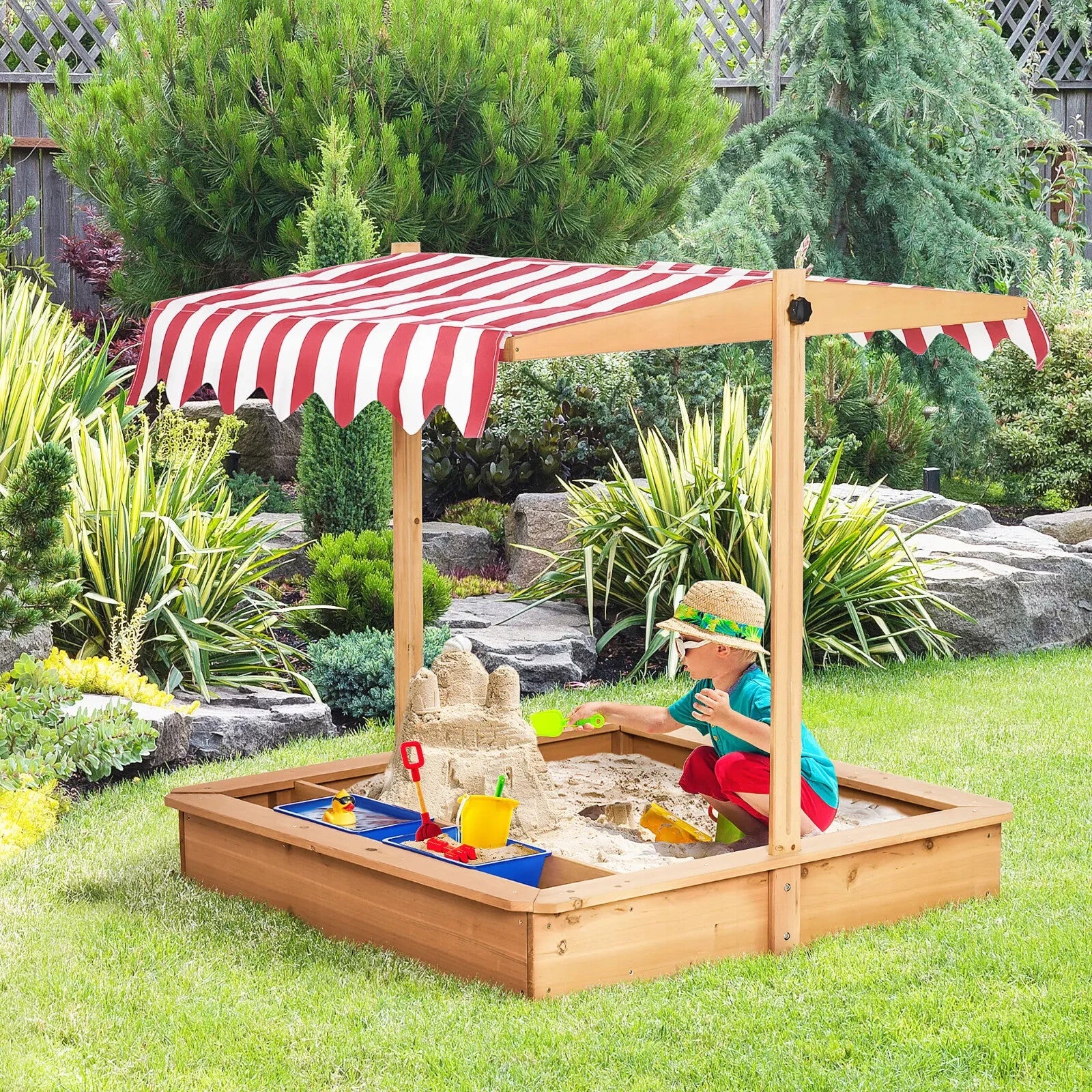 Kids Wooden Sandbox with Adjustable Canopy Storage Bins Bottom Liner Outdoor - Home and Garden Furniture Shop - rustic - furniture