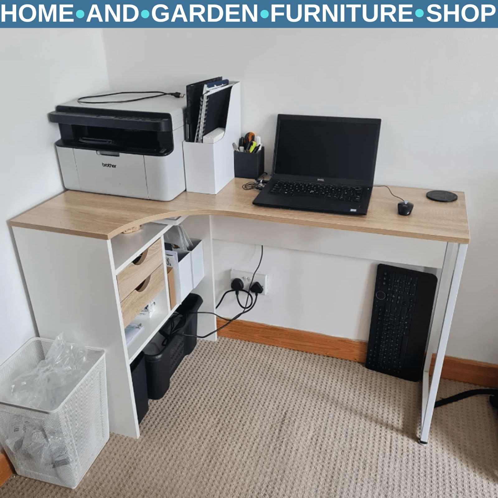 L Shaped Computer Desk with Drawers Corner Study Writing Table Storage Shelf Oak - Home and Garden Furniture Shop - rustic - furniture