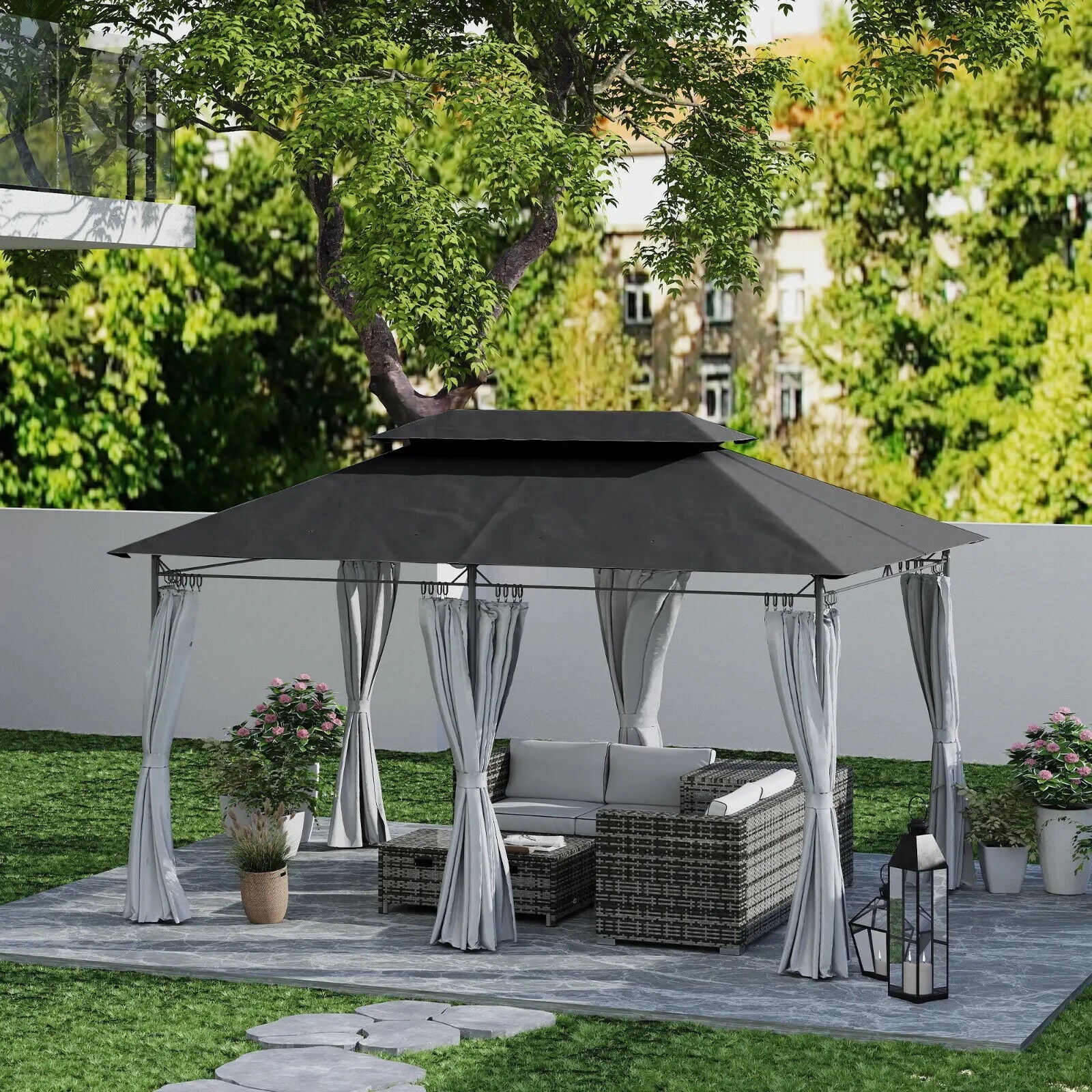 Large 3 x 4m Garden Gazebo with Sides Double Roof Metal Frame Marquee Dark Grey - Home and Garden Furniture Shop - #rustic - furniture#