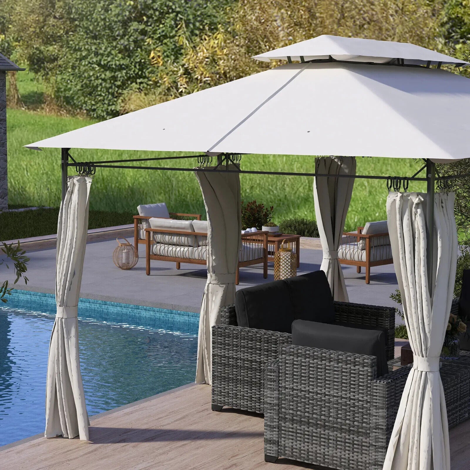 Large 3 x 4m Garden Gazebo with Sides Double Roof Metal Frame Marquee Dark Grey - Home and Garden Furniture Shop - #rustic - furniture#