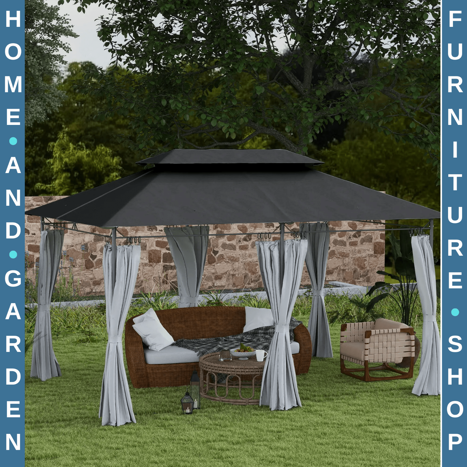 Large 3 x 4m Garden Gazebo with Sides Double Roof Metal Frame Marquee Dark Grey - Home and Garden Furniture Shop - #rustic - furniture#