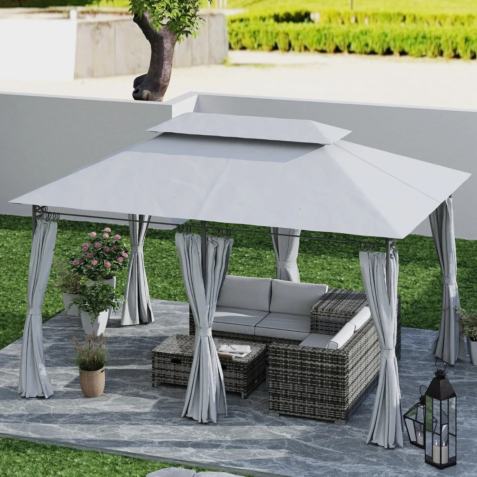 Large 3 x 4m Garden Gazebo with Sides Double Roof Metal Frame Marquee Dark Grey - Home and Garden Furniture Shop - #rustic - furniture#