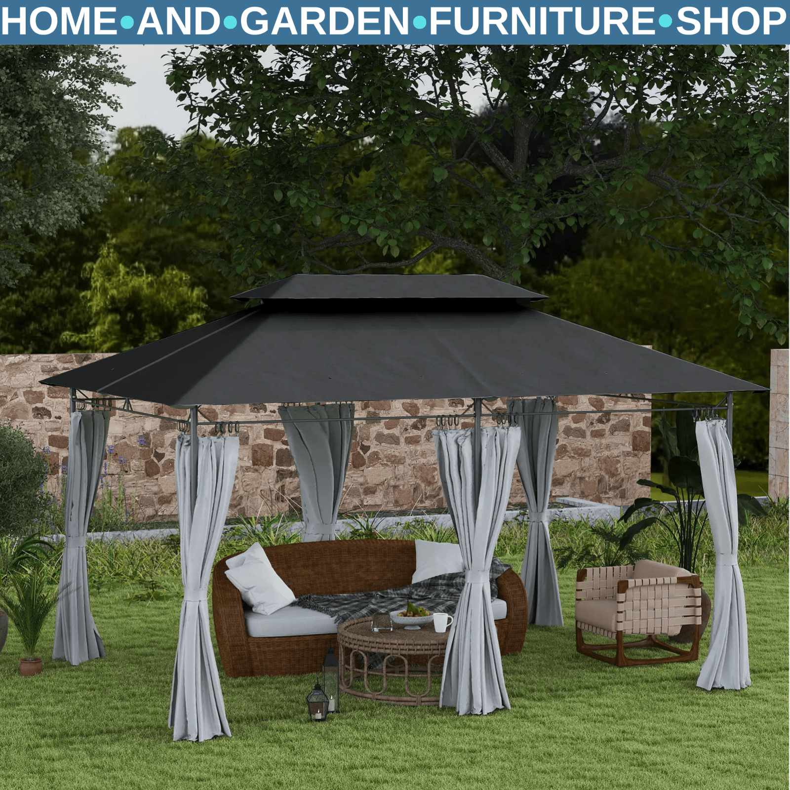 Large 3 x 4m Garden Gazebo with Sides Double Roof Metal Frame Marquee Dark Grey - Home and Garden Furniture Shop - #rustic - furniture#