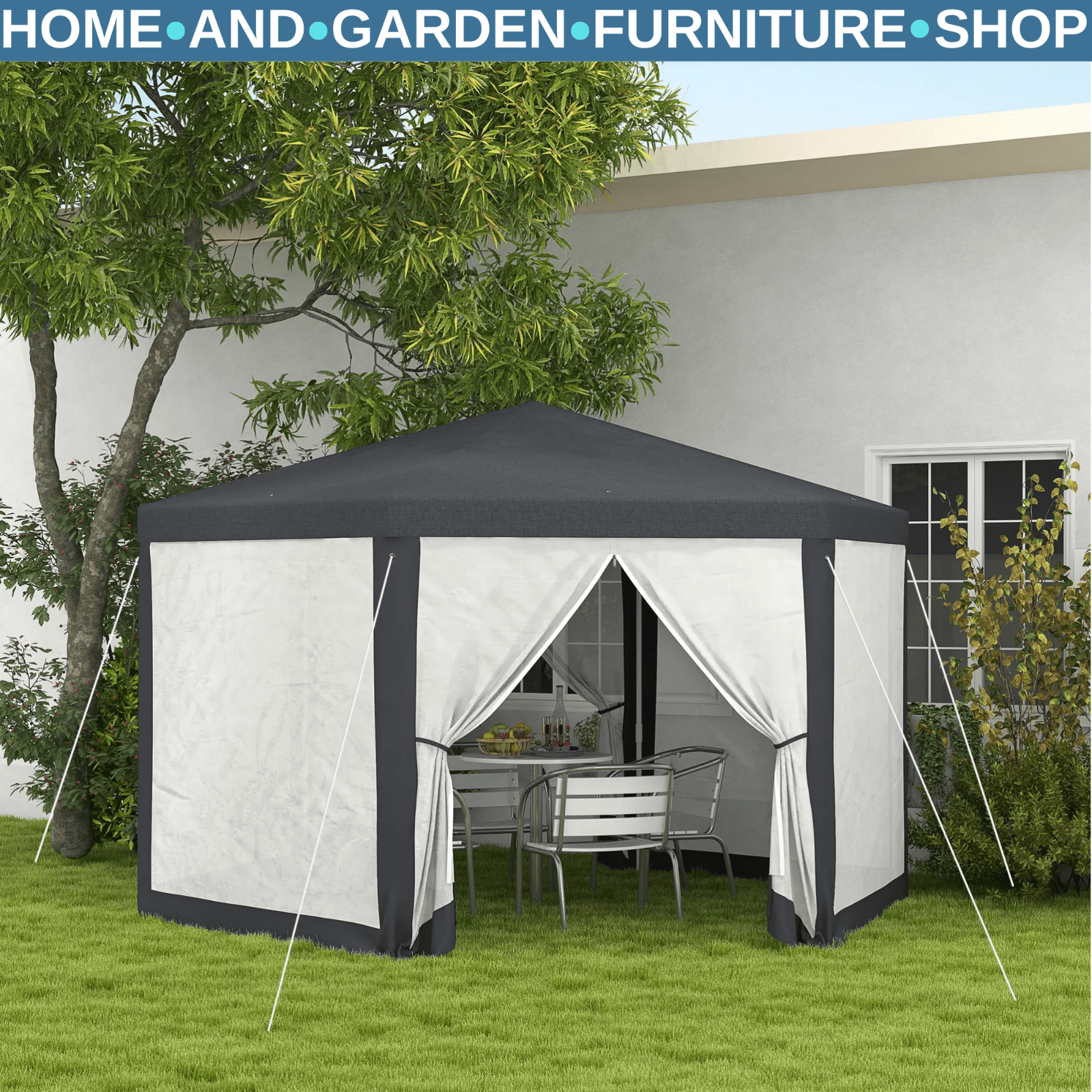 Large 4m Hexagonal Gazebo Outdoor Marquee Canopy Patio Party Tent Sun Shade Grey - Home and Garden Furniture Shop - #rustic - furniture#