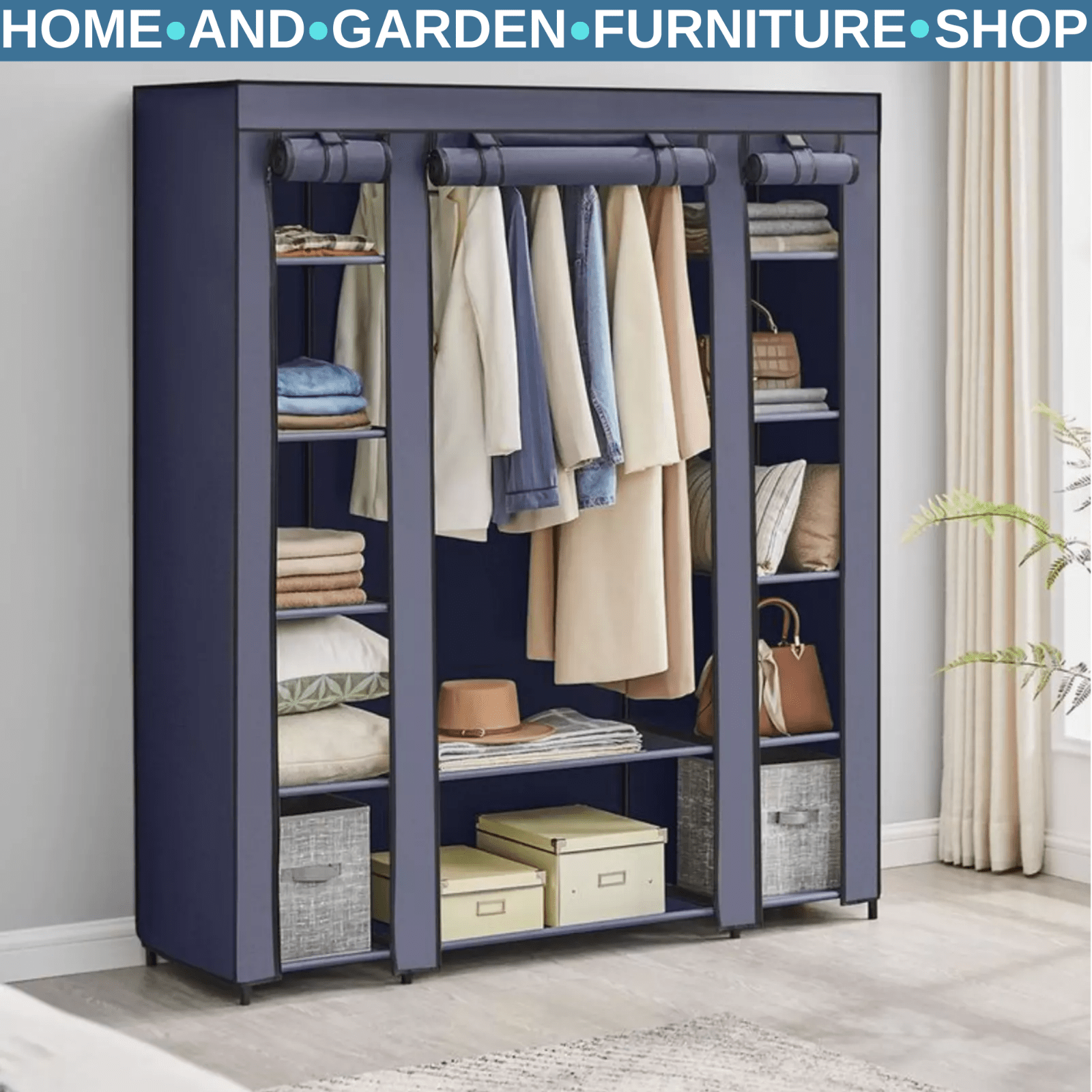 Large Canvas Wardrobe Cupboard Shelves Bedroom Storage Hanging Clothes Rail Rack - Home and Garden Furniture Shop - rustic - furniture