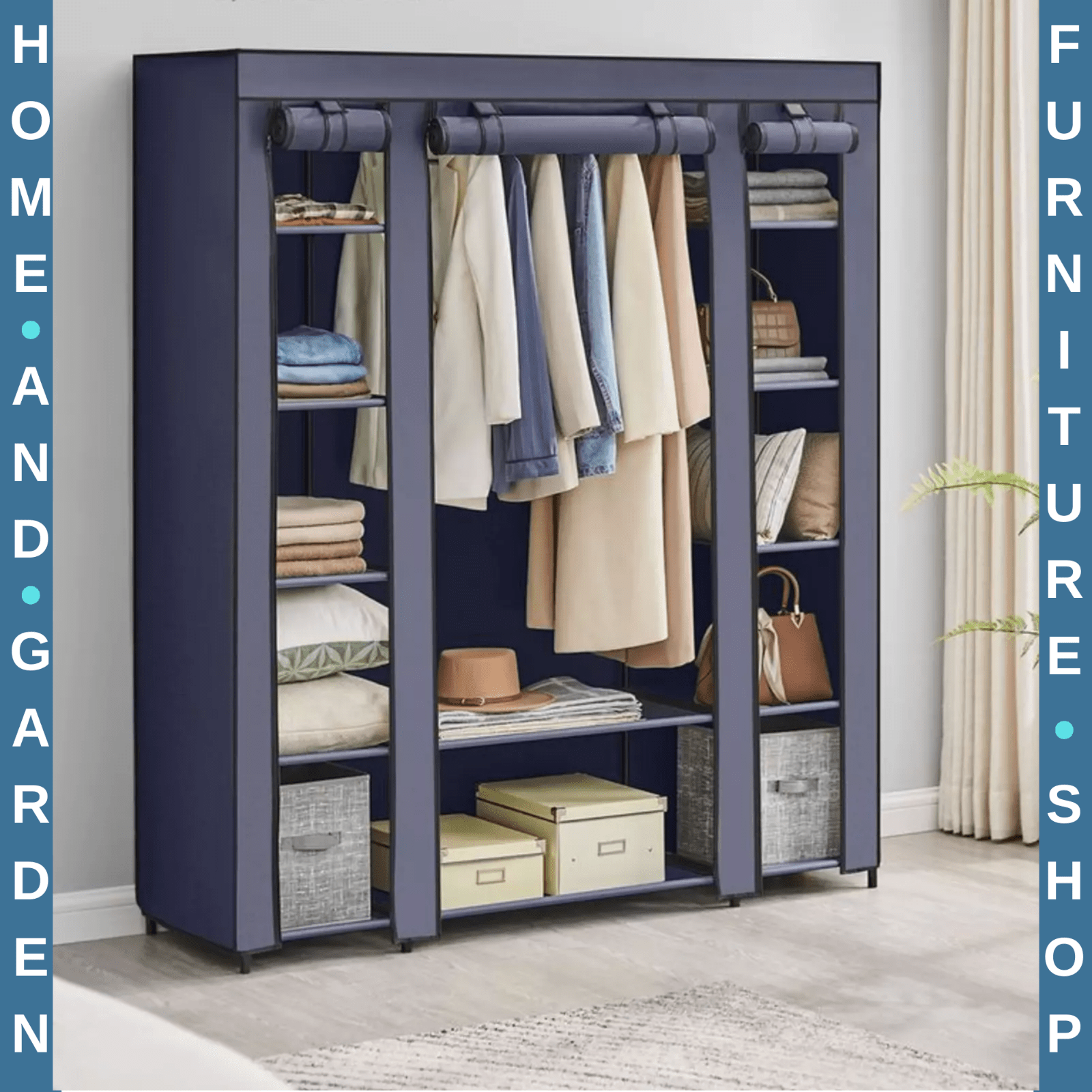 Large Canvas Wardrobe Cupboard Shelves Bedroom Storage Hanging Clothes Rail Rack - Home and Garden Furniture Shop - rustic - furniture