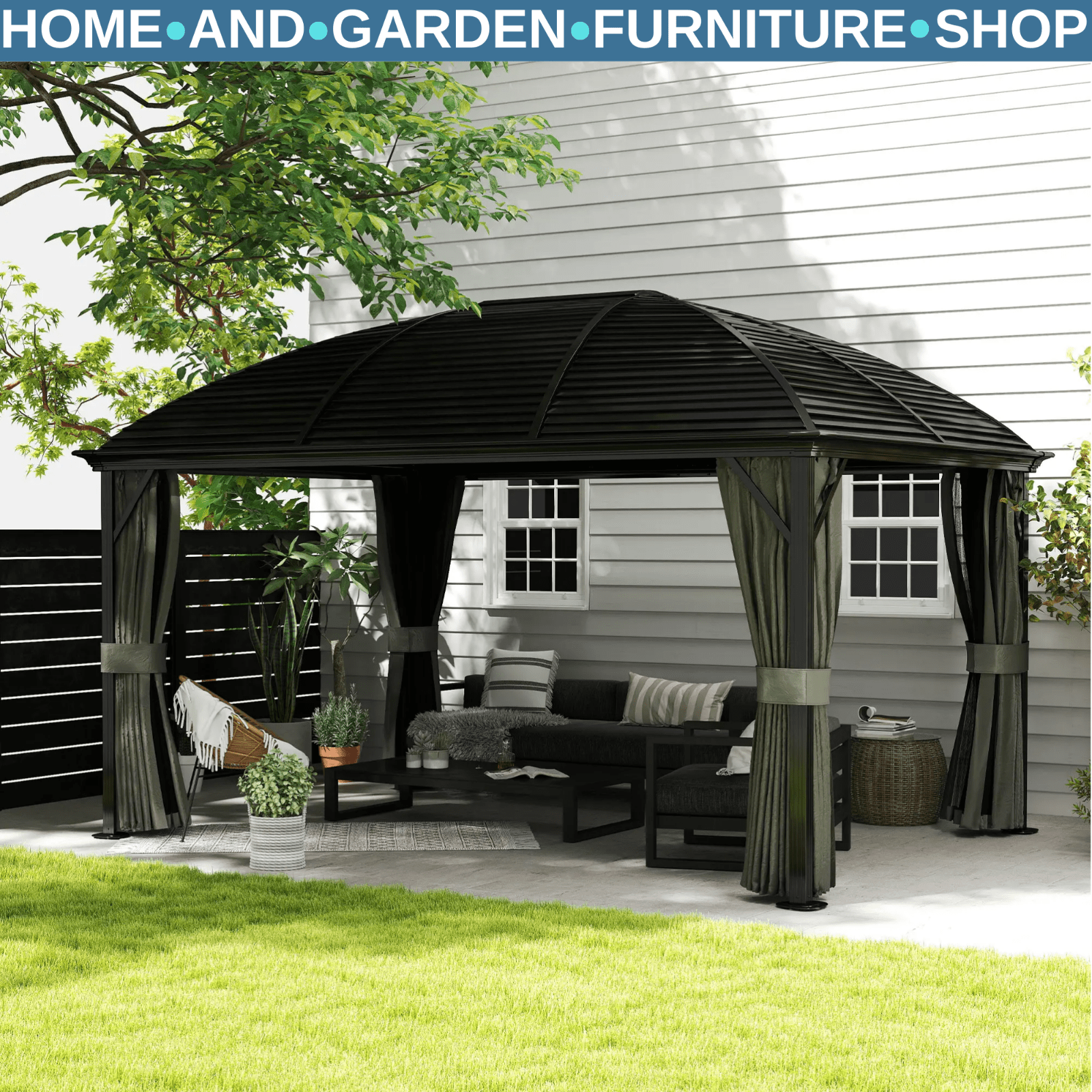 Large Hardtop Gazebo with Curtains Steel Roof Heavy Duty Garden Pavilion 3 x 4m - Home and Garden Furniture Shop - rustic - furniture