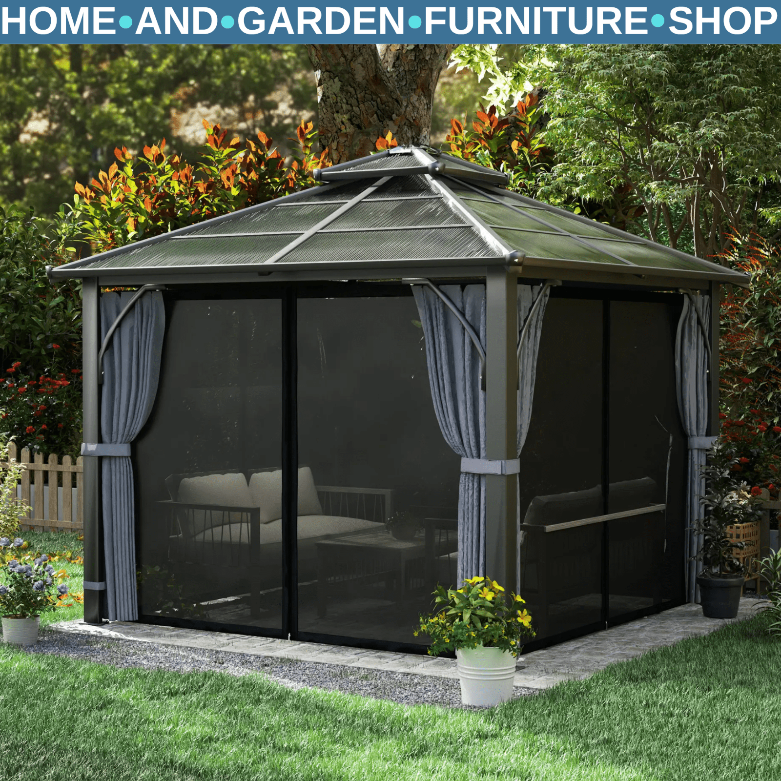 Large Hardtop Gazebo with Polycarbonate Roof and Sides Heavy Duty Marquee Grey - Home and Garden Furniture Shop - #rustic - furniture#