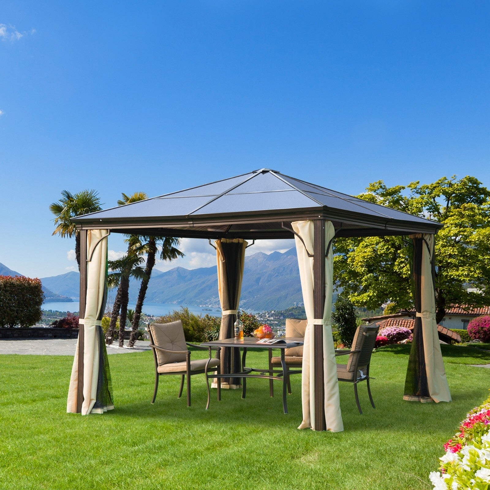 Large Hardtop Gazebo with Sides Curtains Garden Cover Metal Frame Patio Shelter - Home and Garden Furniture Shop - rustic - furniture