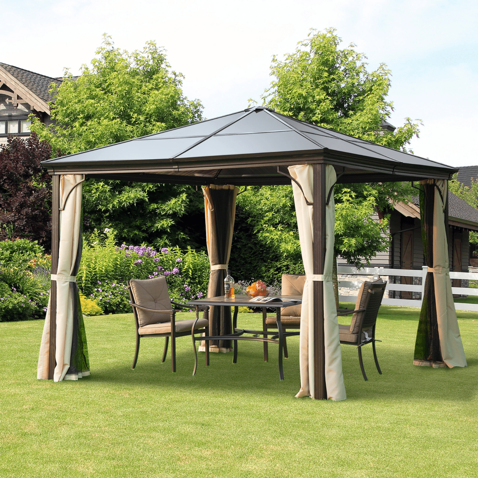 Large Hardtop Gazebo with Sides Curtains Garden Cover Metal Frame Patio Shelter - Home and Garden Furniture Shop - rustic - furniture