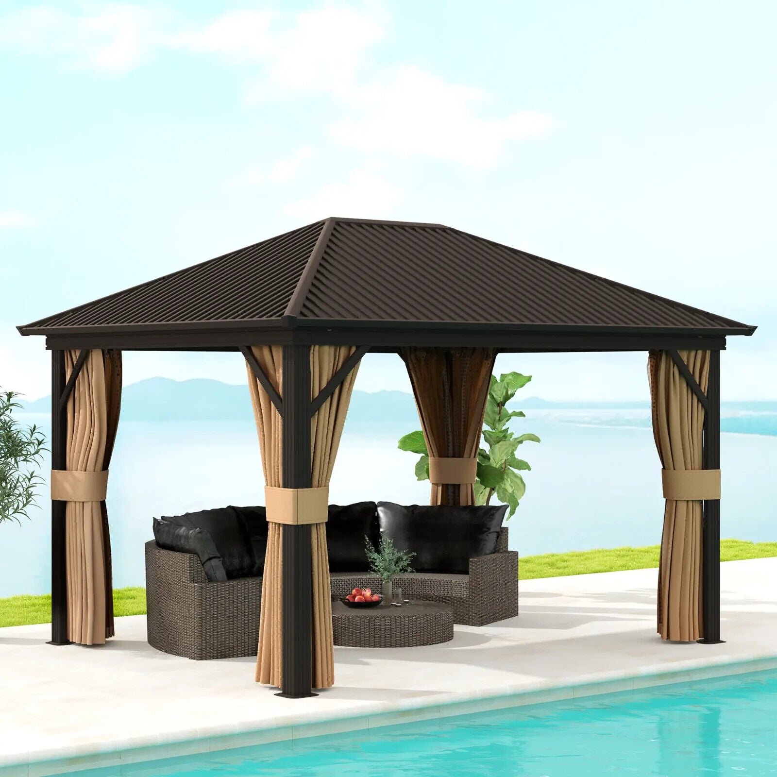 Large Metal Garden Hardtop Gazebo with Sides Brown Curtains 3 x 3.6m Marquee Set - Home and Garden Furniture Shop - #rustic - furniture#