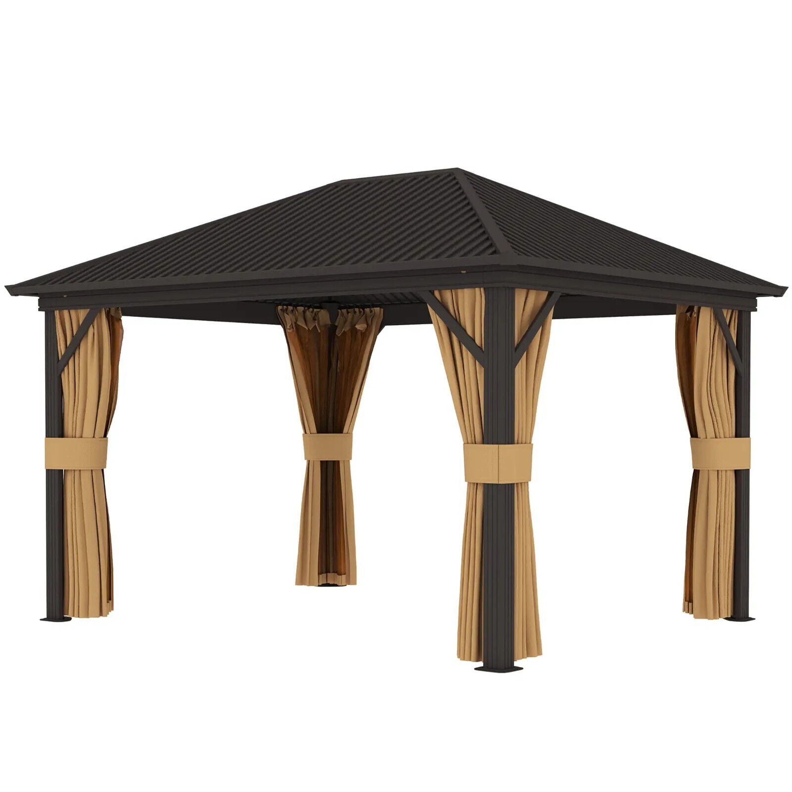 Large Metal Garden Hardtop Gazebo with Sides Brown Curtains 3 x 3.6m Marquee Set - Home and Garden Furniture Shop - #rustic - furniture#