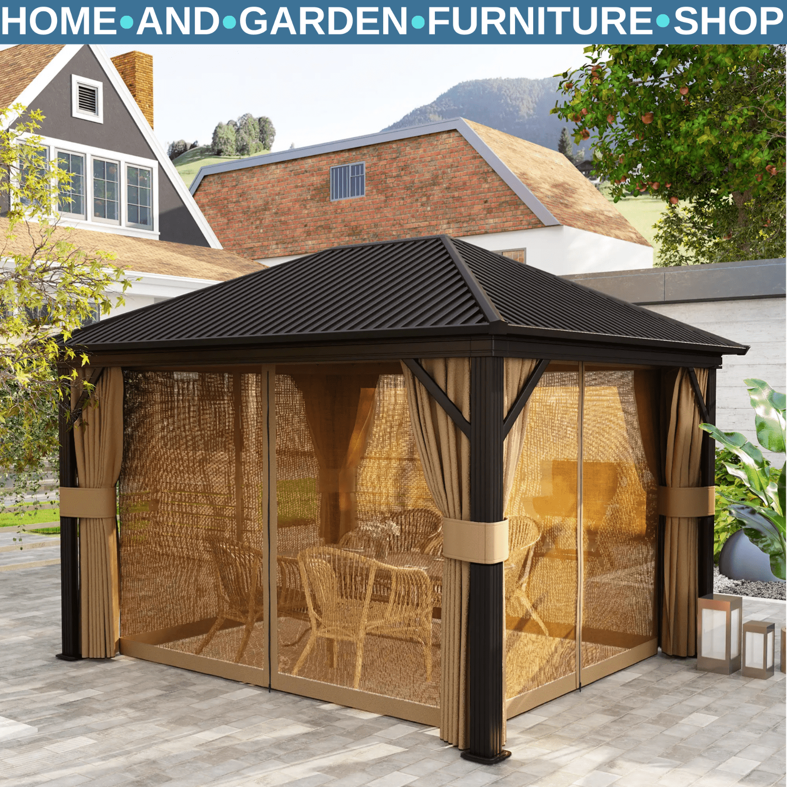 Large Metal Garden Hardtop Gazebo with Sides Brown Curtains 3 x 3.6m Marquee Set - Home and Garden Furniture Shop - rustic - furniture