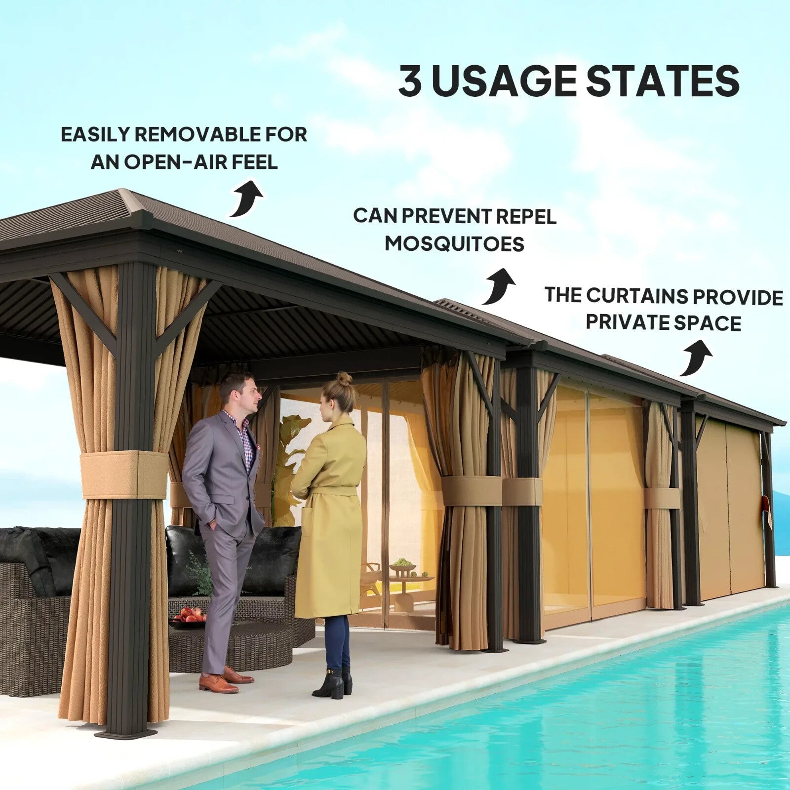 Large Metal Garden Hardtop Gazebo with Sides Brown Curtains 3 x 3.6m Marquee Set - Home and Garden Furniture Shop - rustic - furniture