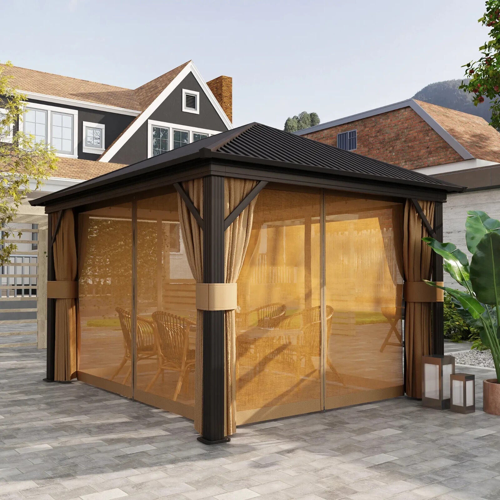 Large Metal Garden Hardtop Gazebo with Sides Brown Curtains 3 x 3.6m Marquee Set - Home and Garden Furniture Shop - #rustic - furniture#