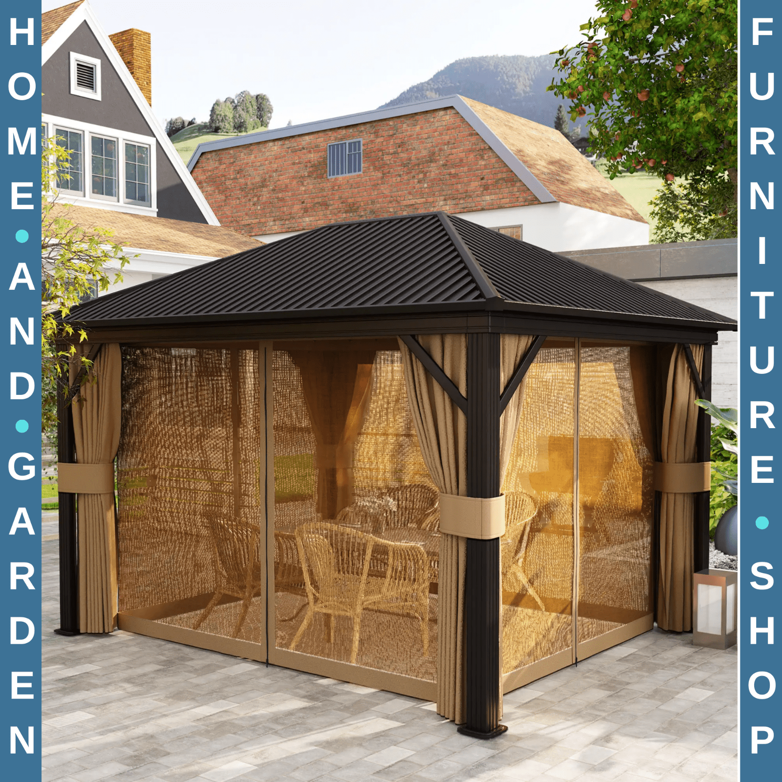 Large Metal Garden Hardtop Gazebo with Sides Brown Curtains 3 x 3.6m Marquee Set - Home and Garden Furniture Shop - #rustic - furniture#