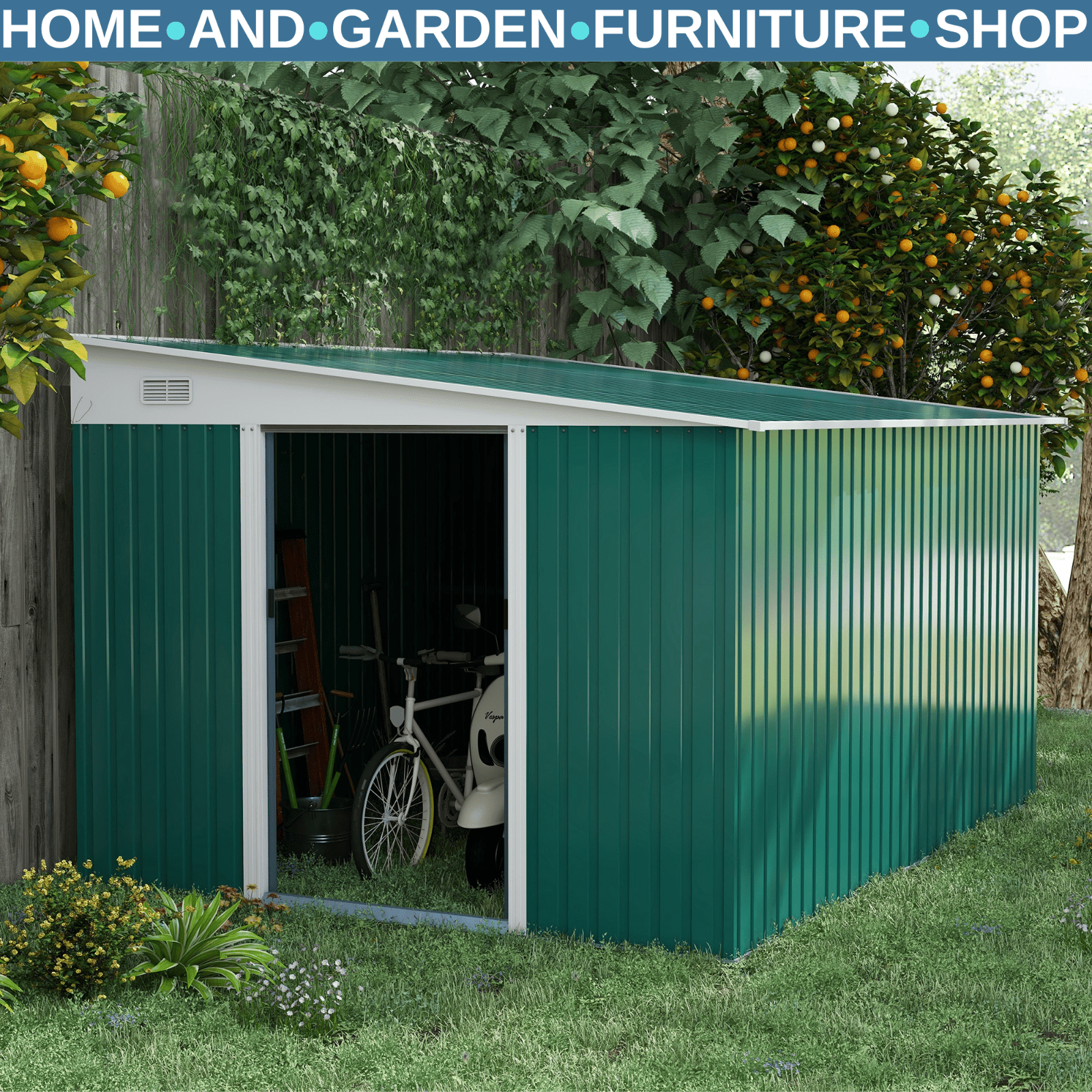 Large Metal Garden Shed 11 x 9ft Outdoor Tool Storage House Lockable Double Door - Home and Garden Furniture Shop - rustic - furniture