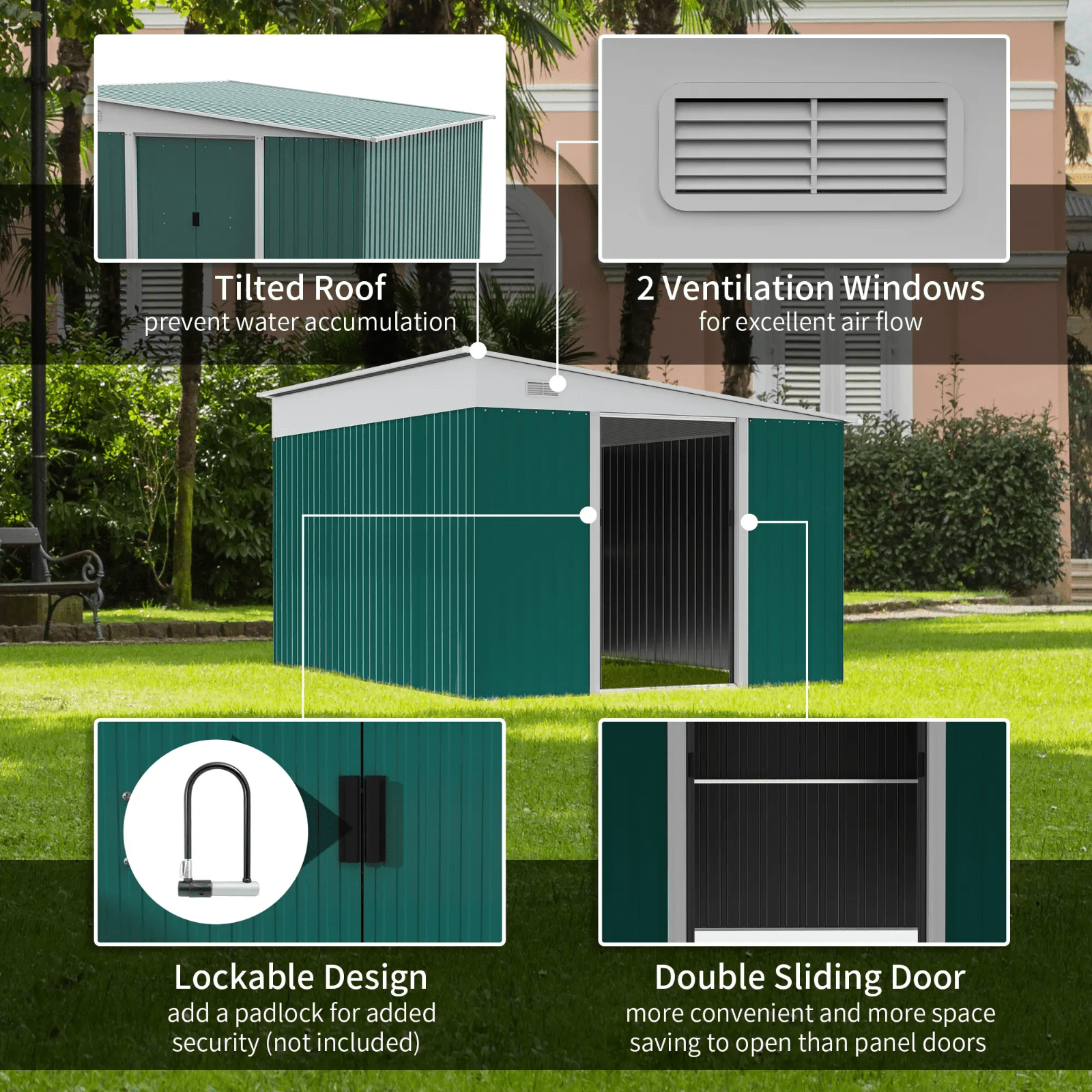 Large Metal Garden Shed 11 x 9ft Outdoor Tool Storage House Lockable Double Door - Home and Garden Furniture Shop - rustic - furniture