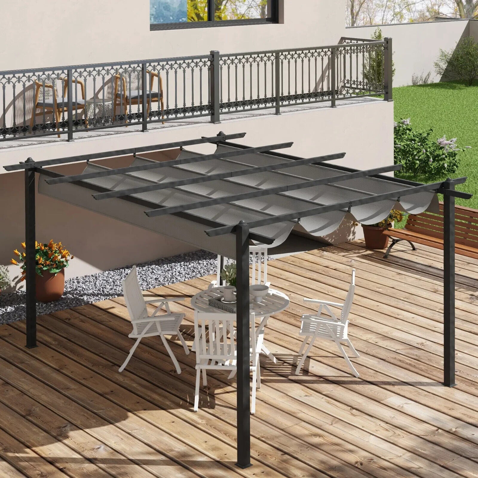 Large Metal Pergola w/ Retractable Roof Heavy Duty Gazebo Garden Shelter 4 x 3m - Home and Garden Furniture Shop - #rustic - furniture#