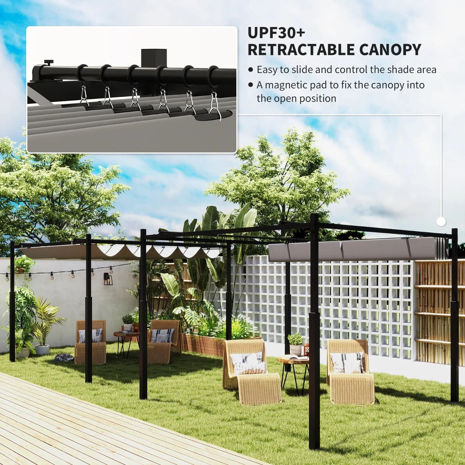 Large Metal Pergola with Retractable Roof 3 x 3(m) Patio Gazebo Sun Shelter Grey - Home and Garden Furniture Shop - #rustic - furniture#