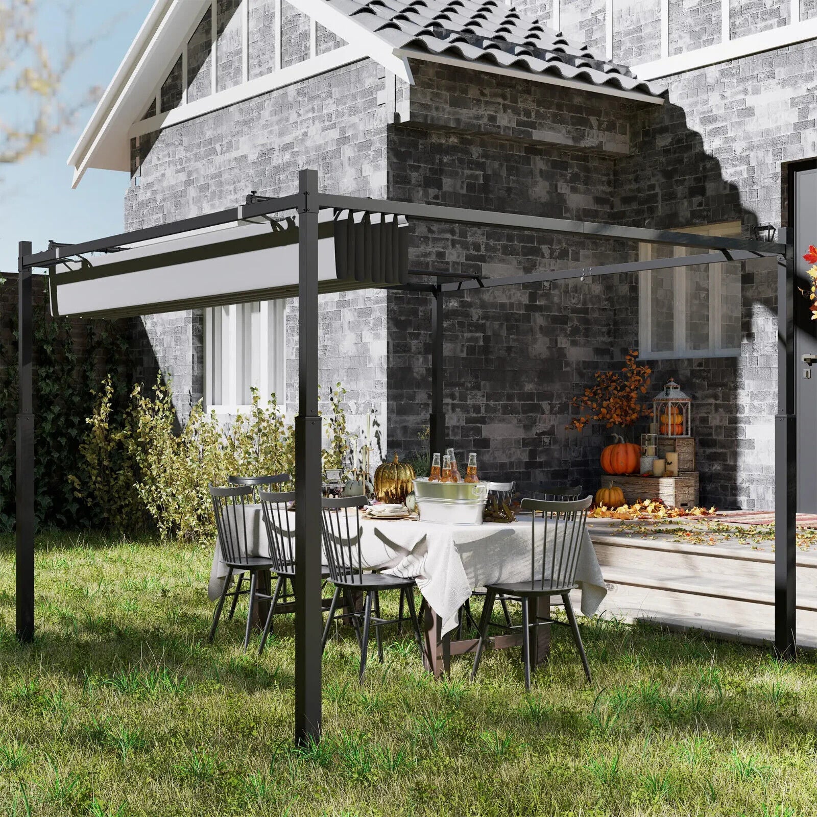 Large Metal Pergola with Retractable Roof 3 x 3(m) Patio Gazebo Sun Shelter Grey - Home and Garden Furniture Shop - #rustic - furniture#