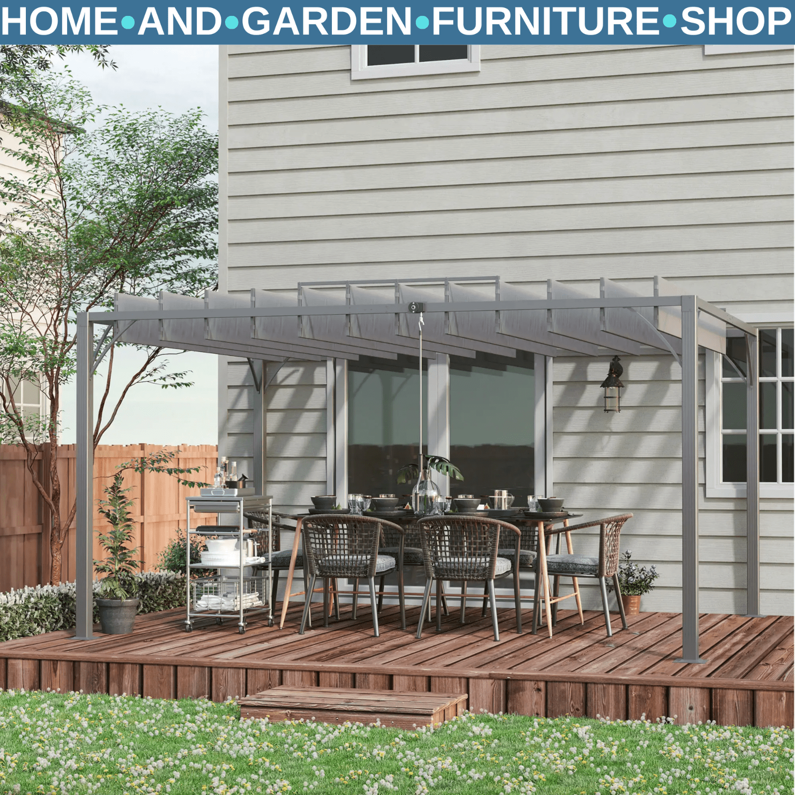 Large Metal Pergola with Retractable Roof 4 x 3m Outdoor Louvered Gazebo Grey - Home and Garden Furniture Shop - rustic - furniture