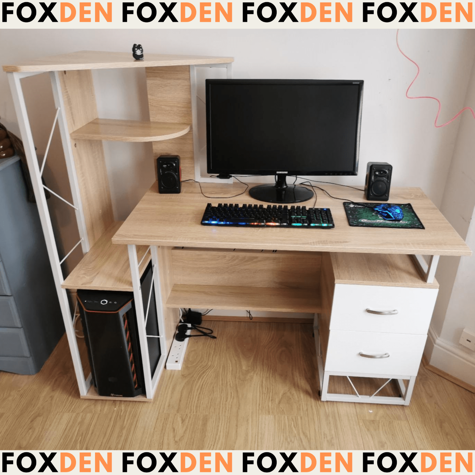 Large Oak Computer Desk 2 Drawers Shelves Study Workstation PC Table Home Office - Home and Garden Furniture Shop - rustic - furniture