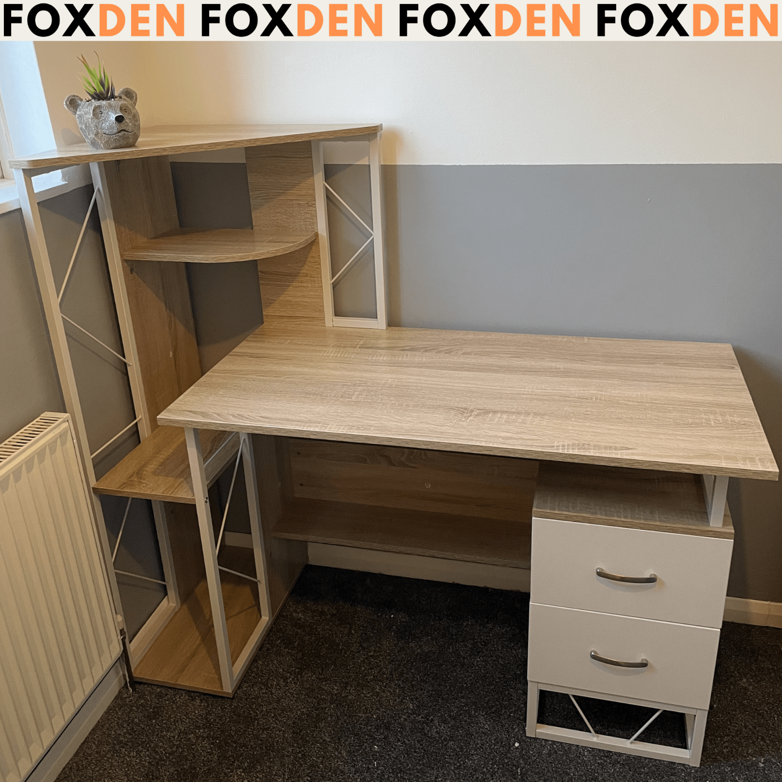 Large Oak Computer Desk 2 Drawers Shelves Study Workstation PC Table Home Office - Home and Garden Furniture Shop - rustic - furniture