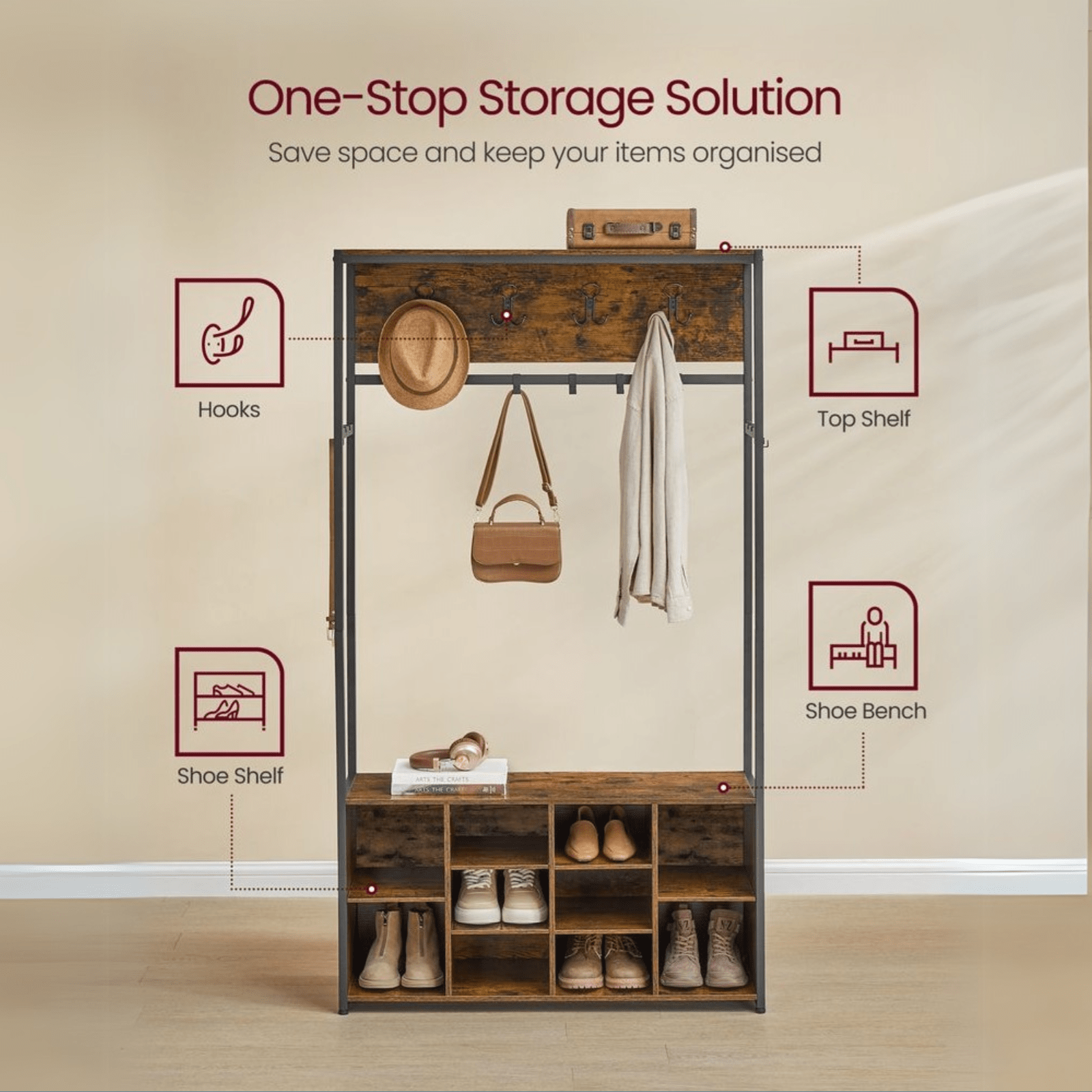 Large Rustic Coat Rack With Seat Entryway Hall Tree Shoe Rack Shoe Bench Shelves - Home and Garden Furniture Shop - rustic - furniture