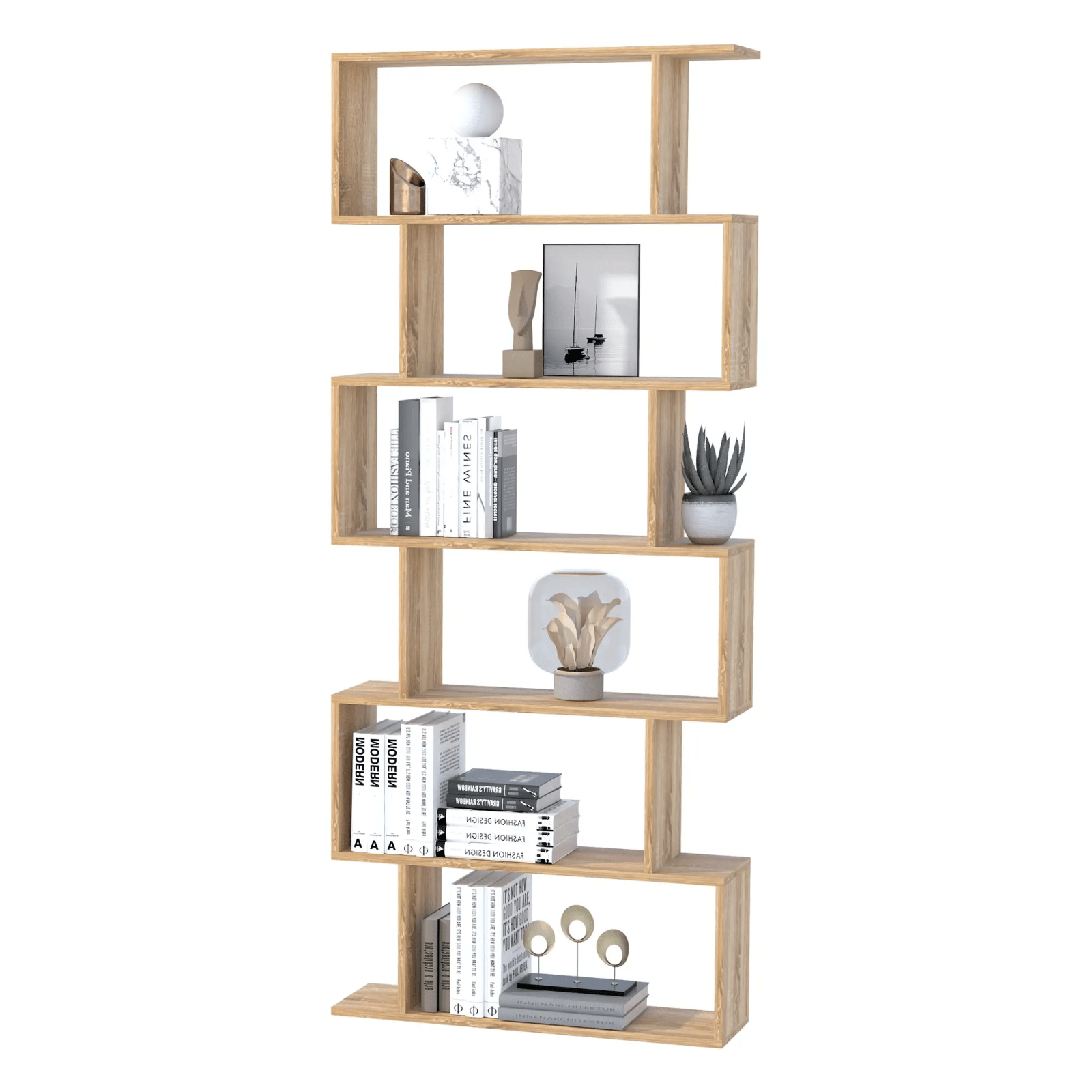 Large Wooden Bookcase S Shaped Bookshelf Storage Tall Display Shelf Oak Effect - Home and Garden Furniture Shop - rustic - furniture
