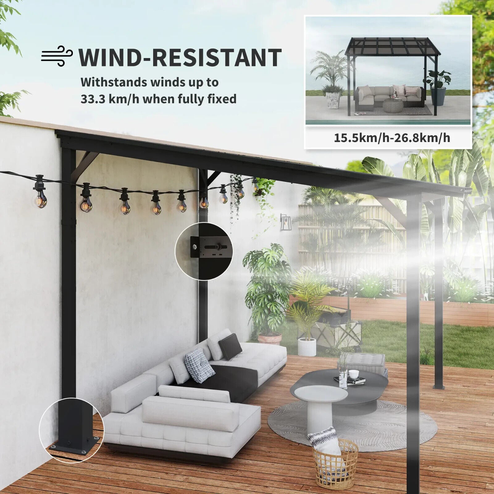 Lean to Metal Pergola Gazebo Waterproof Hardtop Roof 3 x 3(m) Patio Rain Shelter - Home and Garden Furniture Shop - rustic - furniture