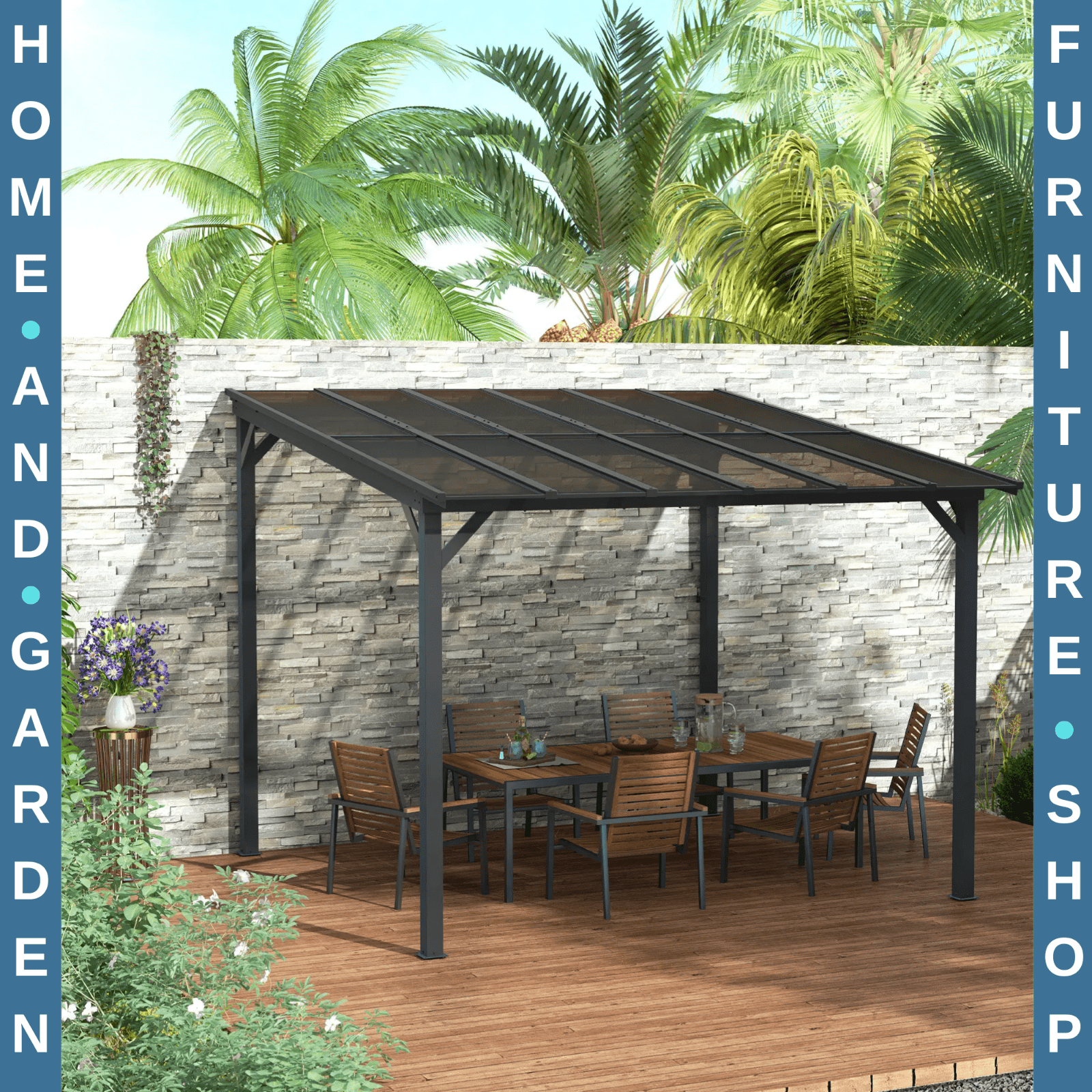 Lean to Metal Pergola Gazebo Waterproof Hardtop Roof 3 x 3(m) Patio Rain Shelter - Home and Garden Furniture Shop - rustic - furniture