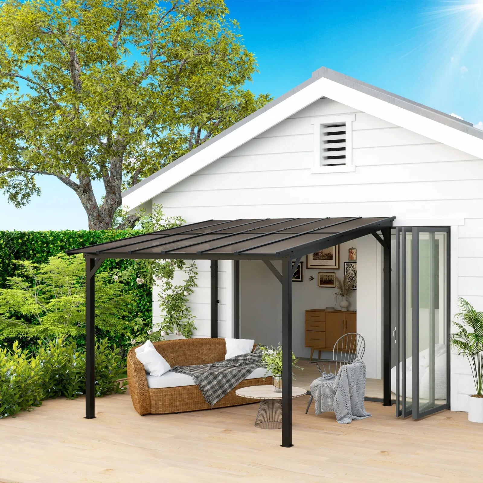 Lean to Metal Pergola Gazebo Waterproof Hardtop Roof 3 x 3(m) Patio Rain Shelter - Home and Garden Furniture Shop - rustic - furniture