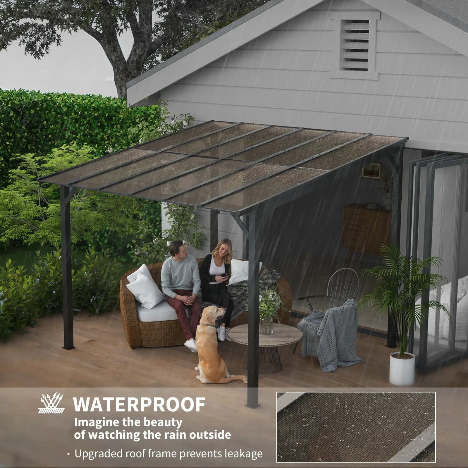 Lean to Metal Pergola Gazebo Waterproof Hardtop Roof 3 x 3(m) Patio Rain Shelter - Home and Garden Furniture Shop - rustic - furniture