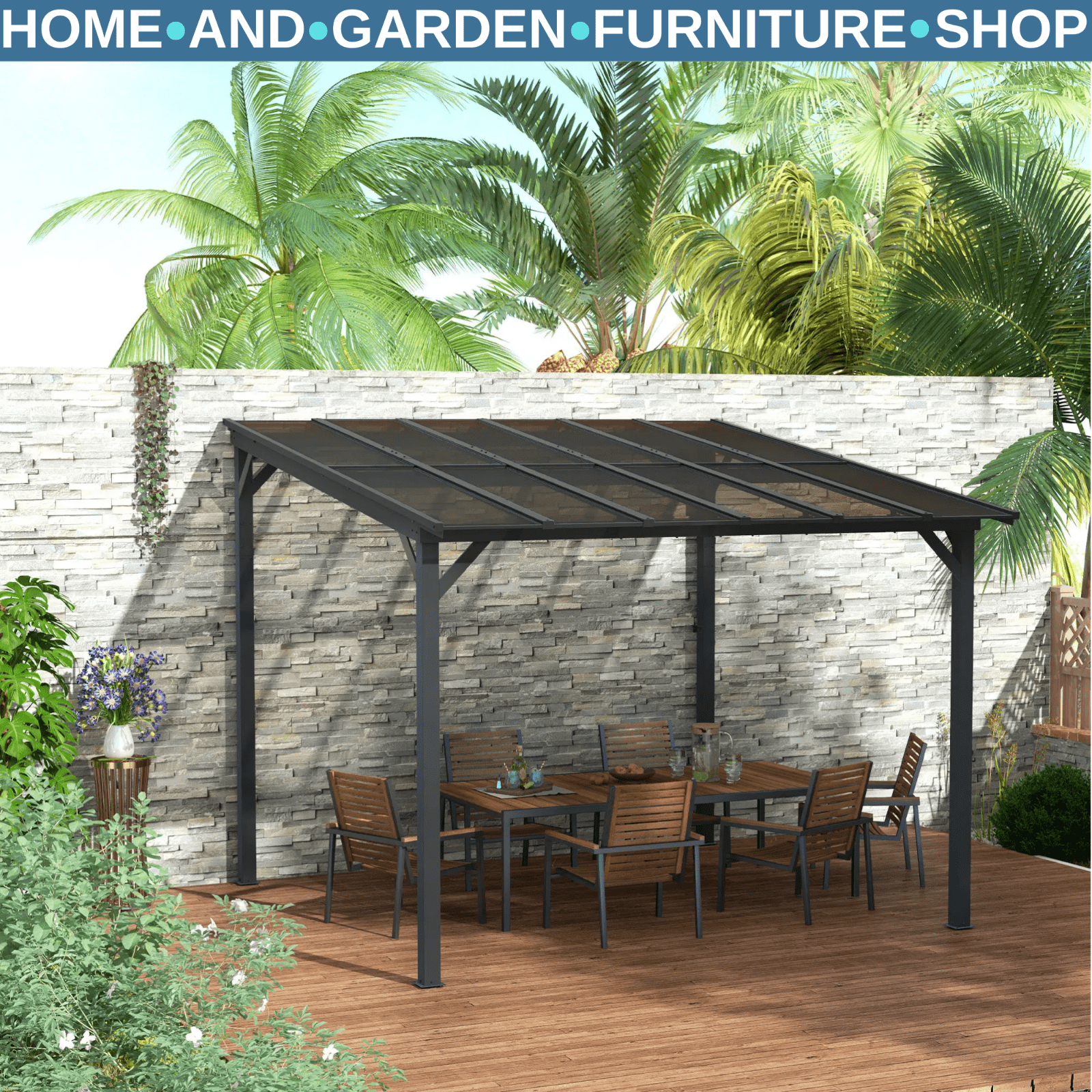 Lean to Metal Pergola Gazebo Waterproof Hardtop Roof 3 x 3(m) Patio Rain Shelter - Home and Garden Furniture Shop - rustic - furniture