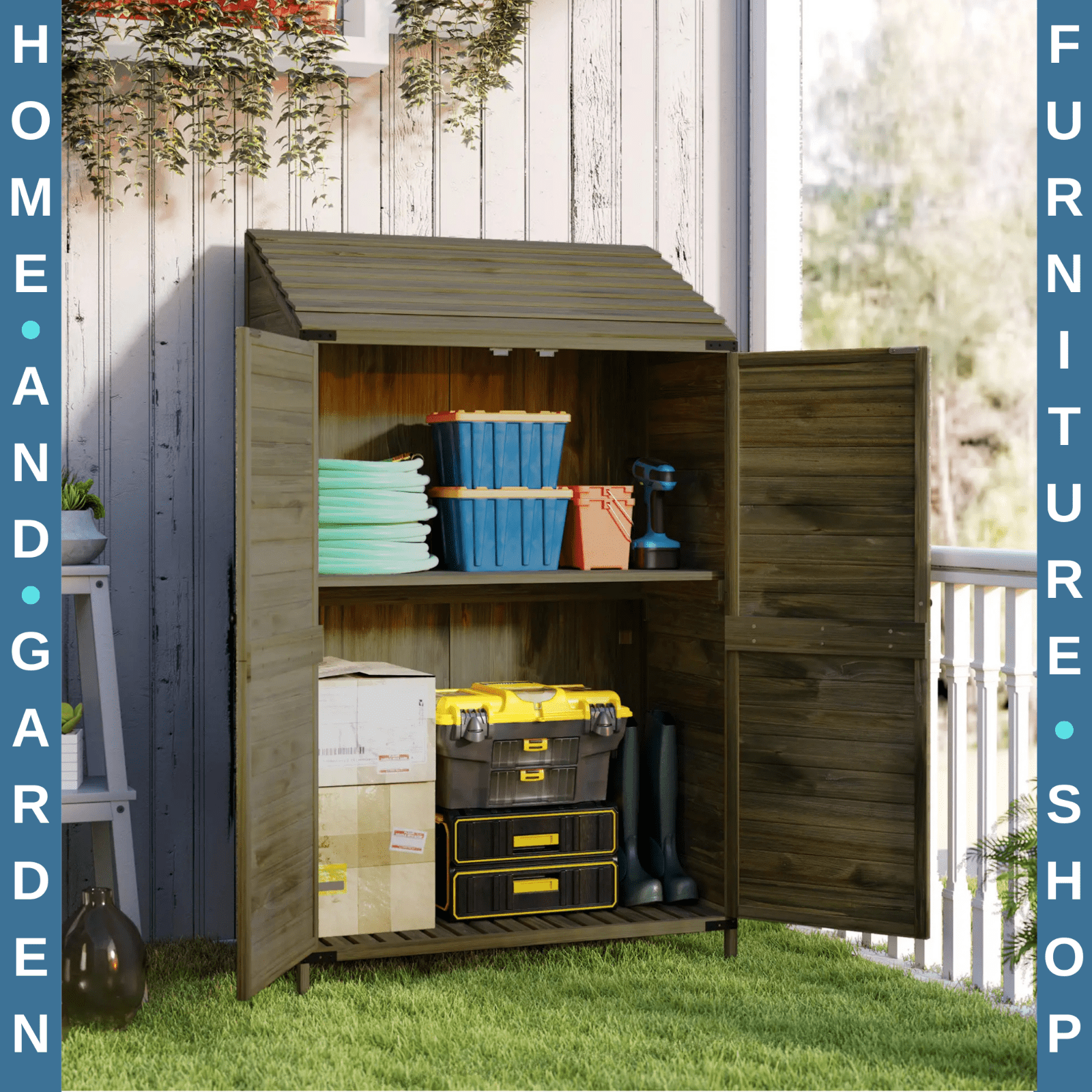 Lean To Wooden Garden Shed Tool Storage Cabinet with Shelves and Double Doors - Home and Garden Furniture Shop - rustic - furniture