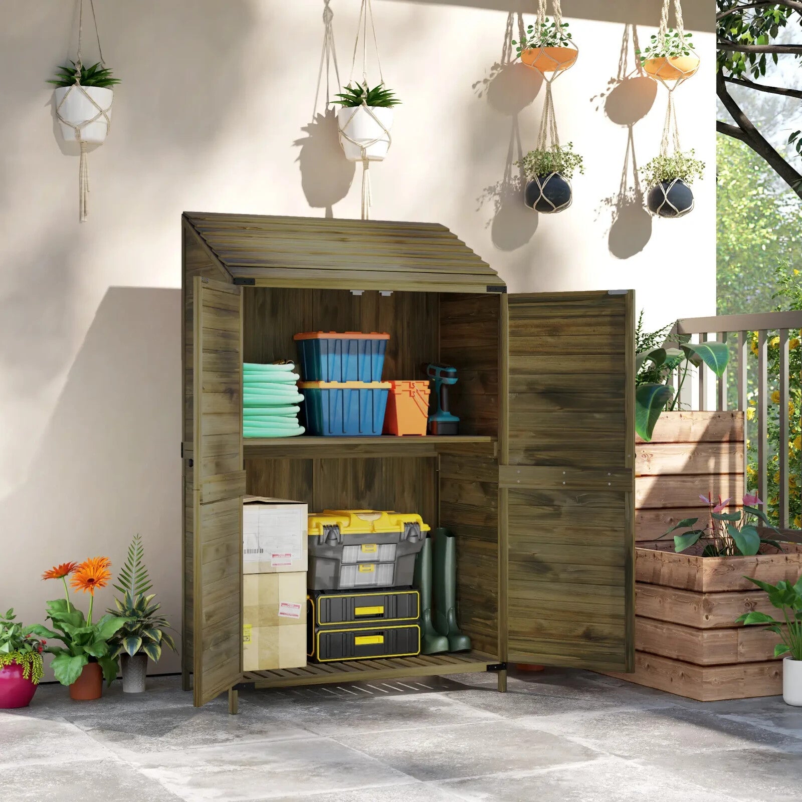 Lean To Wooden Garden Shed Tool Storage Cabinet with Shelves and Double Doors - Home and Garden Furniture Shop - rustic - furniture