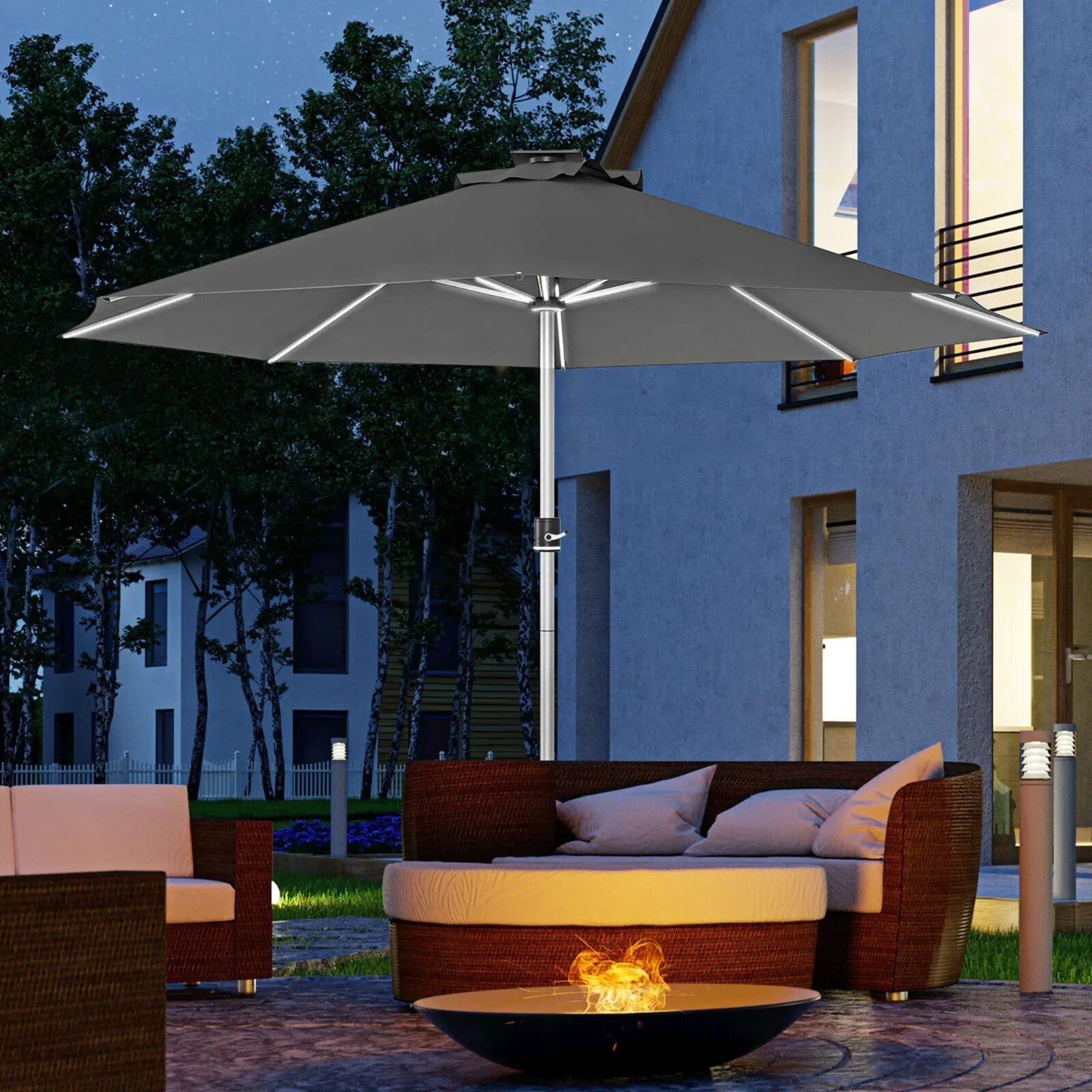 LED Patio Umbrella with Solar USB Charging 4Lighting Mode Outdoor Garden Parasol - Home and Garden Furniture Shop - rustic - furniture